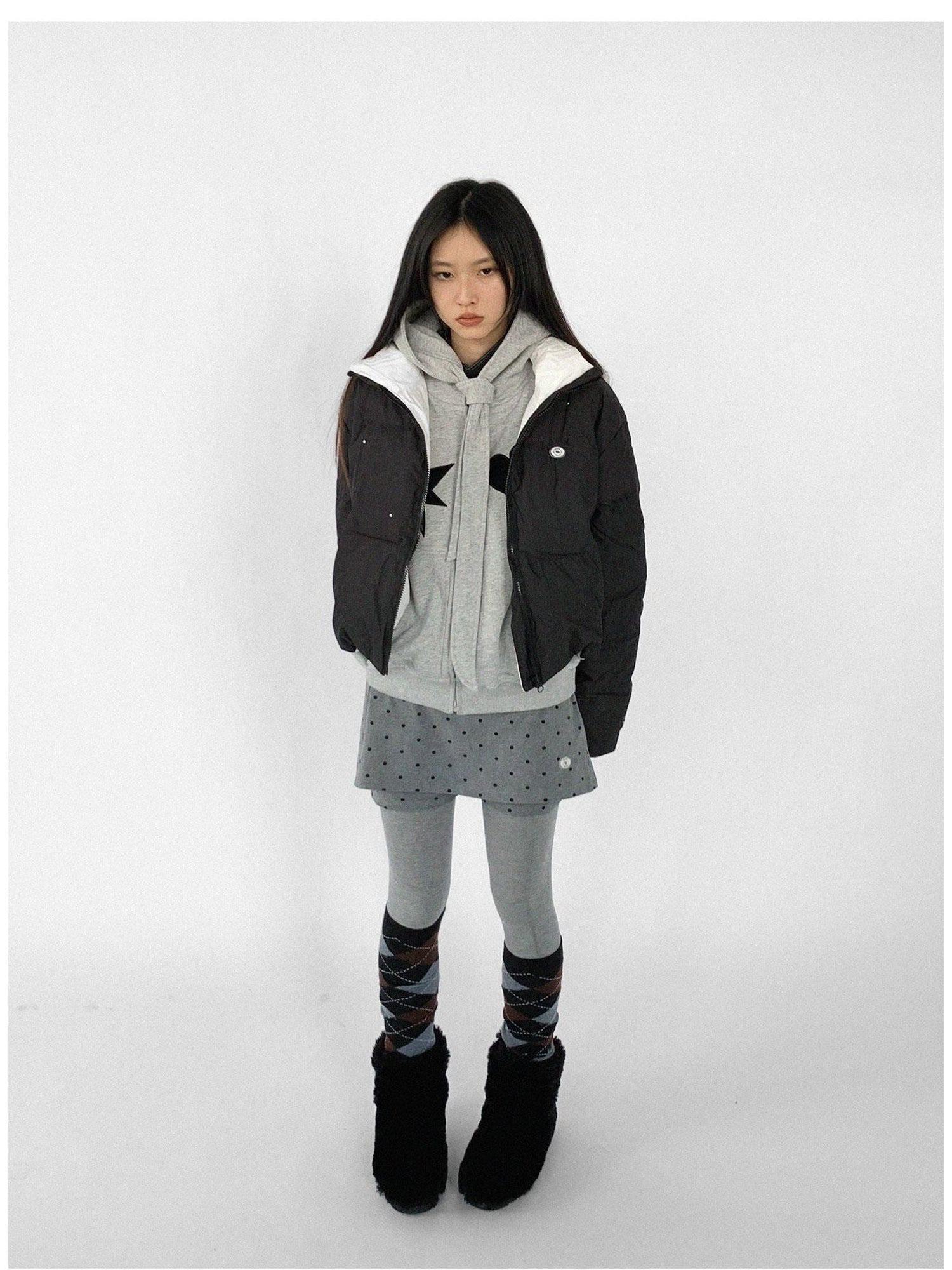 innomoood Hand Drawn Chalk Style Contrast Trim Stand Collar Short Down Jacket