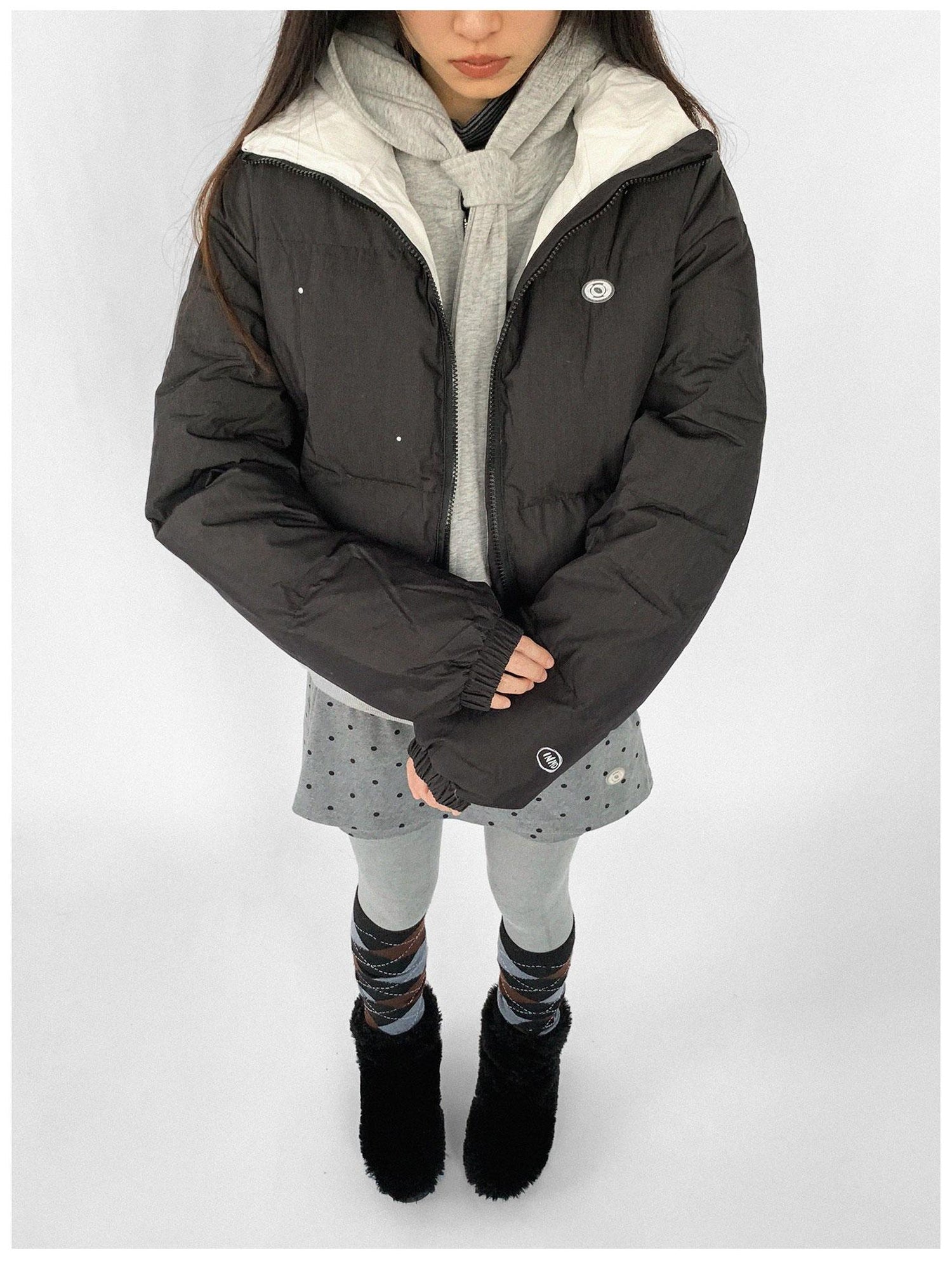 innomoood Hand Drawn Chalk Style Contrast Trim Stand Collar Short Down Jacket