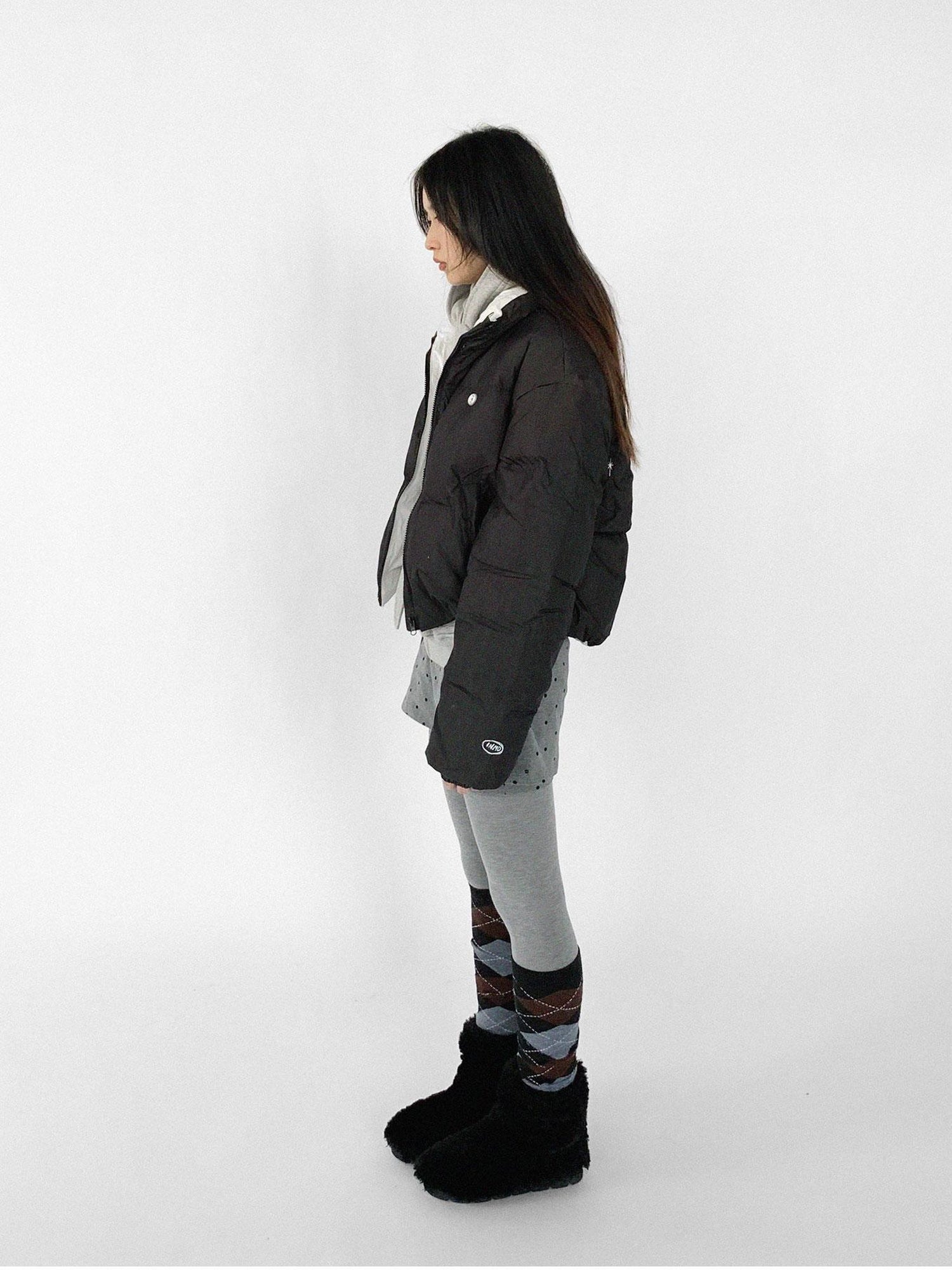 innomoood Hand Drawn Chalk Style Contrast Trim Stand Collar Short Down Jacket