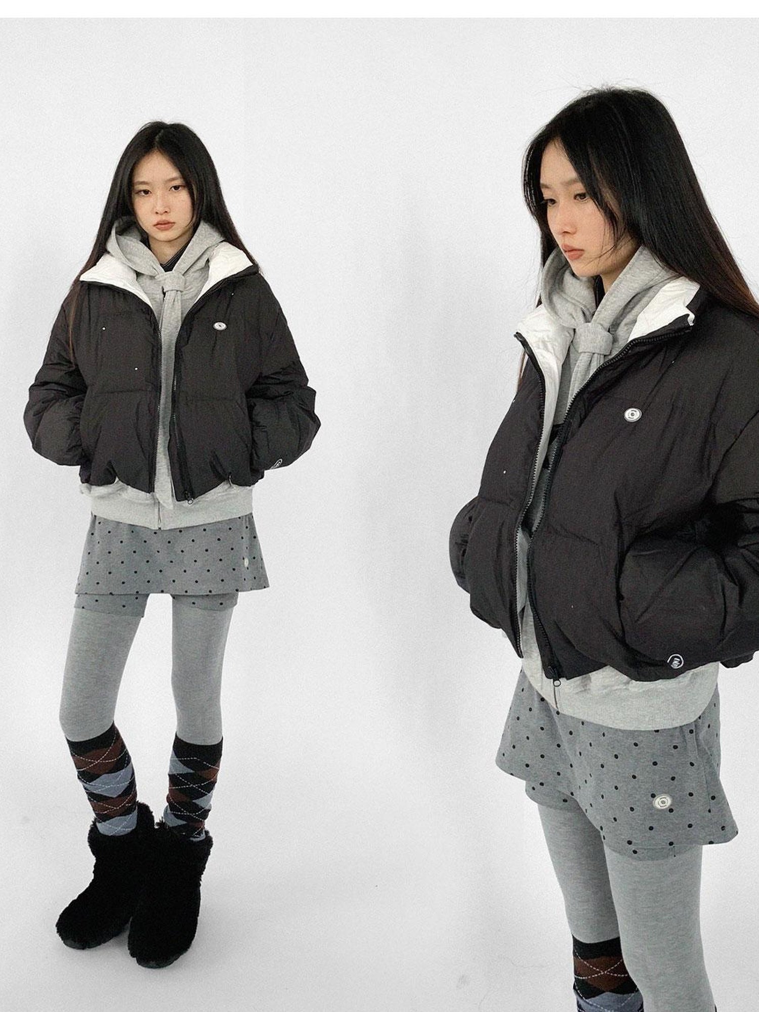 innomoood Hand Drawn Chalk Style Contrast Trim Stand Collar Short Down Jacket