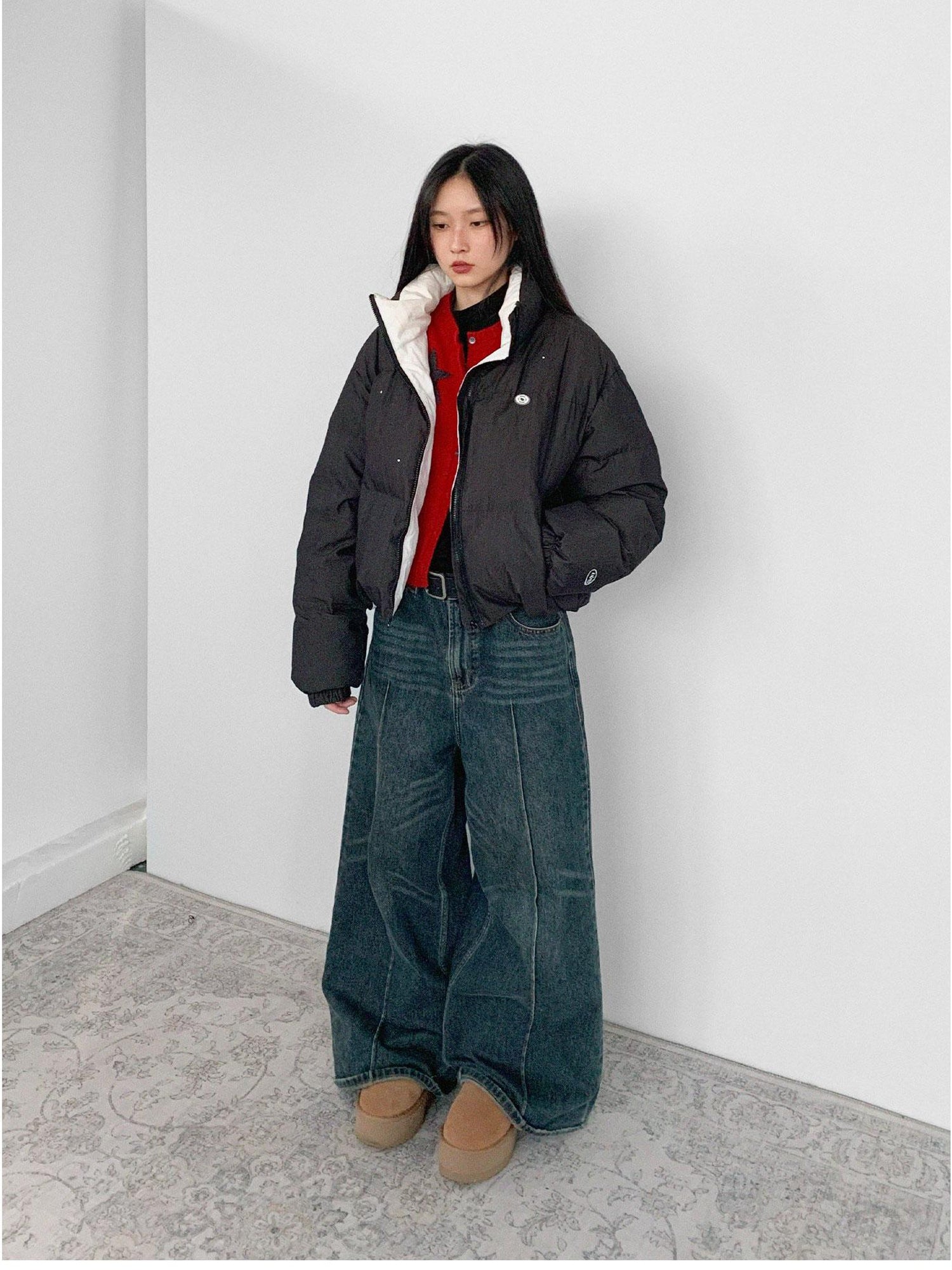 innomoood Hand Drawn Chalk Style Contrast Trim Stand Collar Short Down Jacket