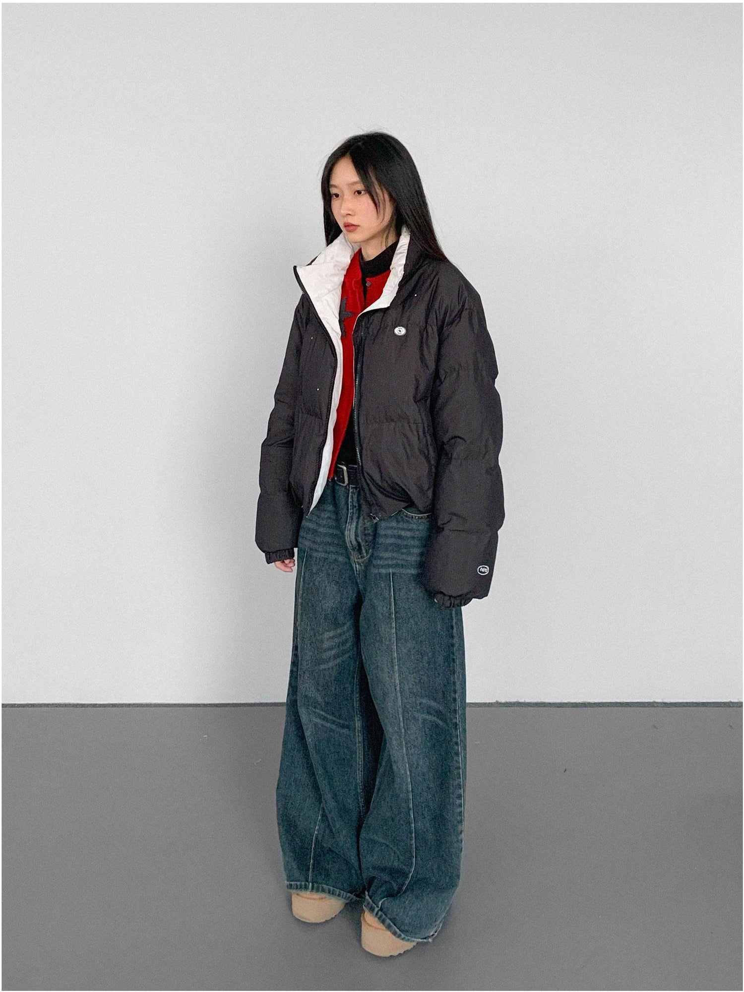 innomoood Hand Drawn Chalk Style Contrast Trim Stand Collar Short Down Jacket