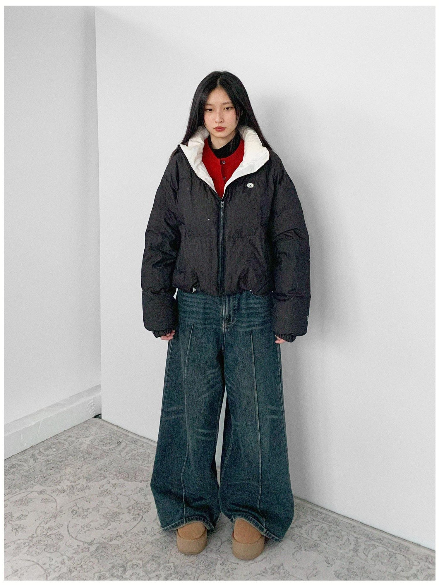 innomoood Hand Drawn Chalk Style Contrast Trim Stand Collar Short Down Jacket
