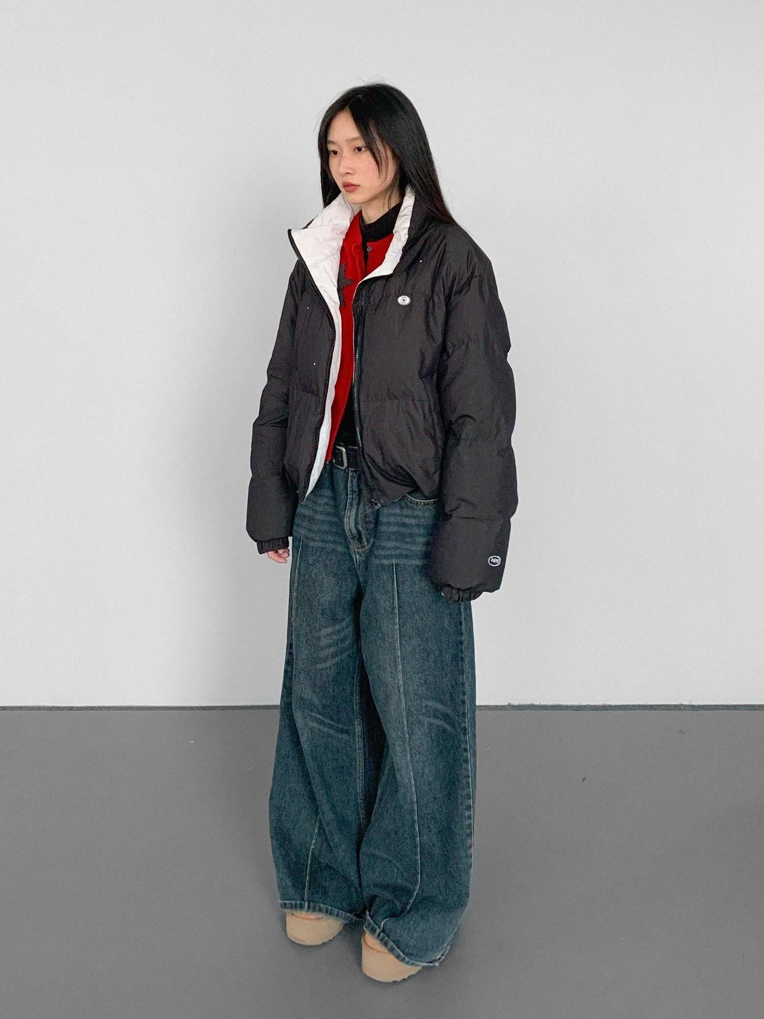 innomoood Hand Drawn Chalk Style Contrast Trim Stand Collar Short Down Jacket