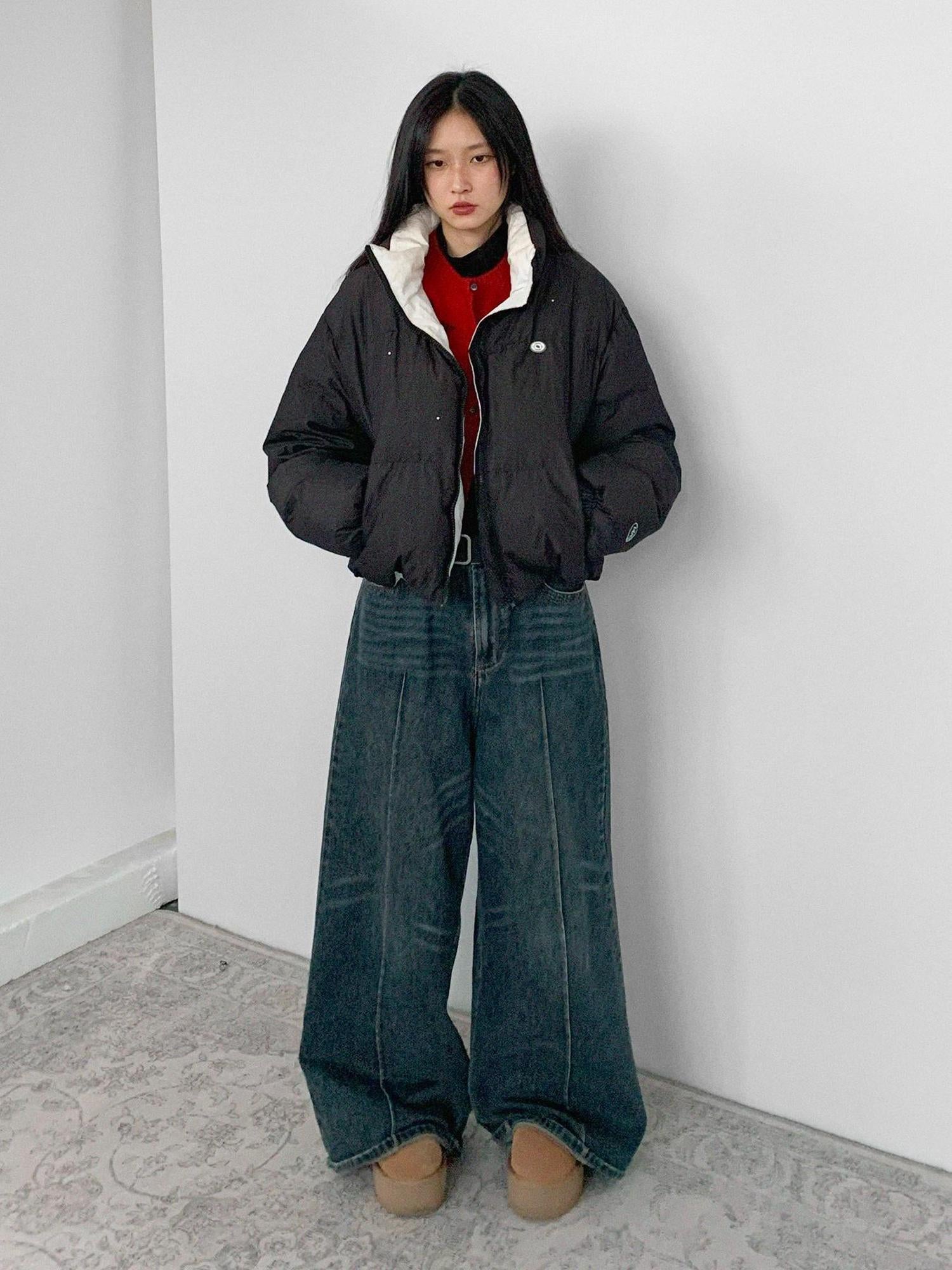 innomoood Hand Drawn Chalk Style Contrast Trim Stand Collar Short Down Jacket