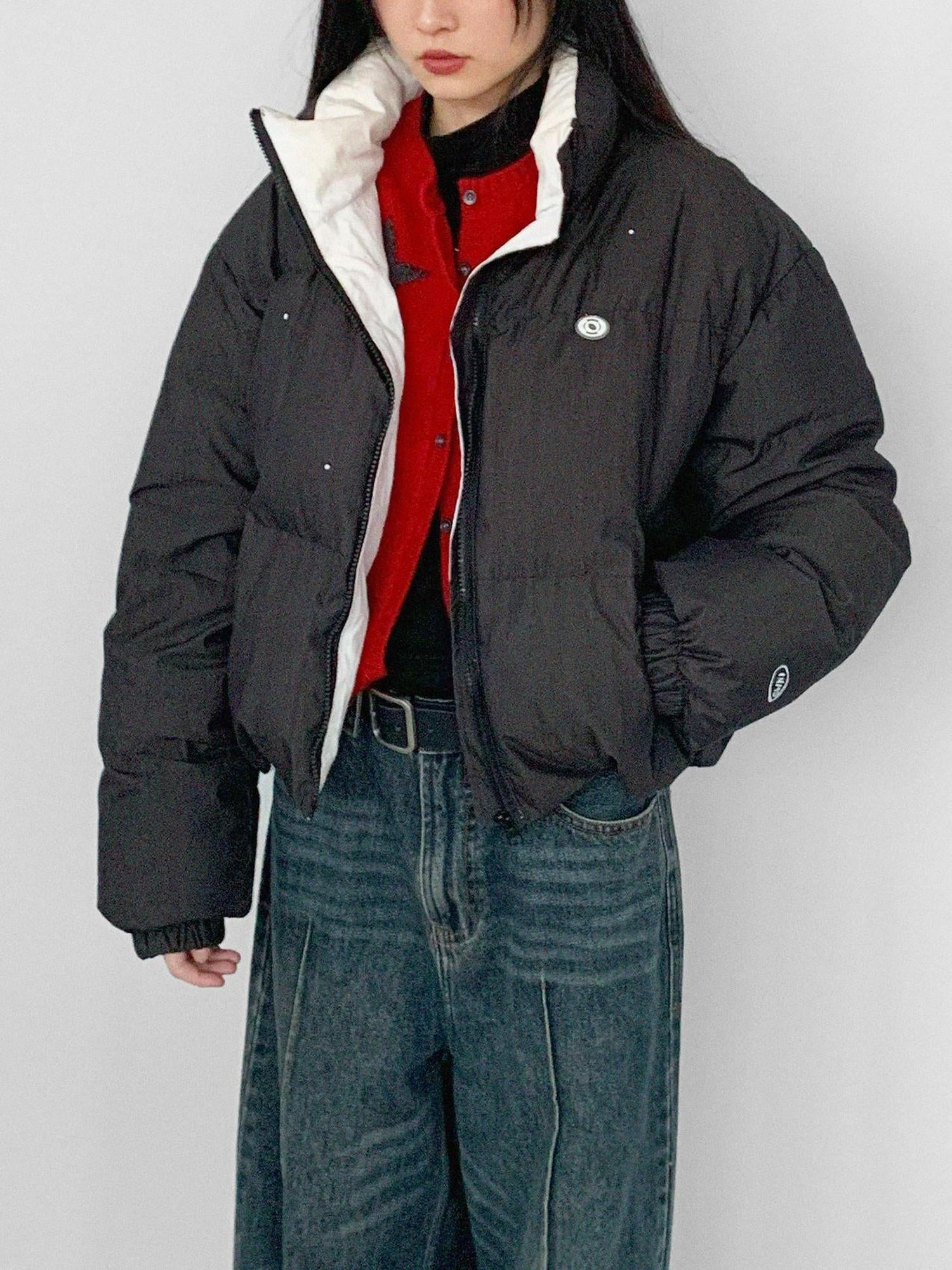 innomoood Hand Drawn Chalk Style Contrast Trim Stand Collar Short Down Jacket