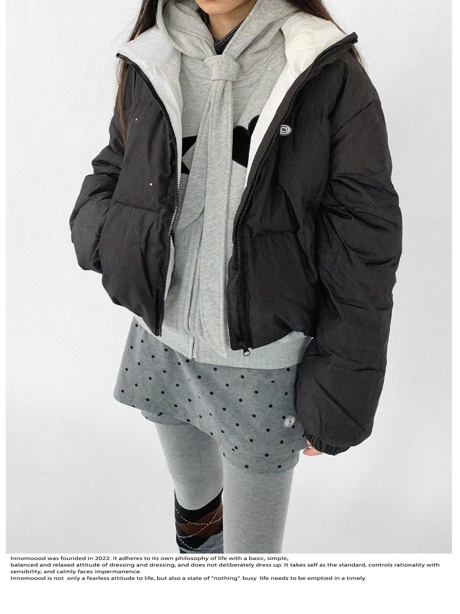 innomoood Hand Drawn Chalk Style Contrast Trim Stand Collar Short Down Jacket