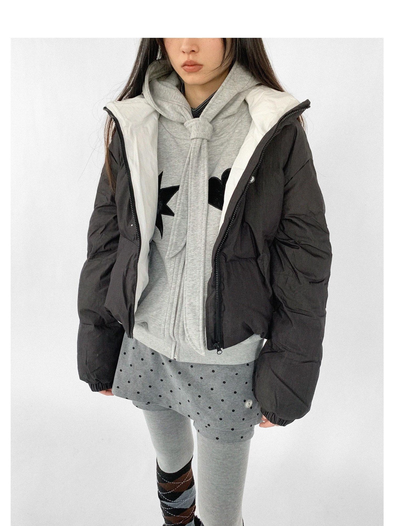 innomoood Hand Drawn Chalk Style Contrast Trim Stand Collar Short Down Jacket
