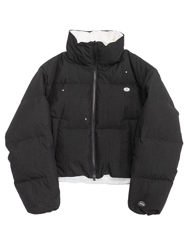 Hand Drawn Chalk Style Contrast Trim Stand Collar Short Down Jacket