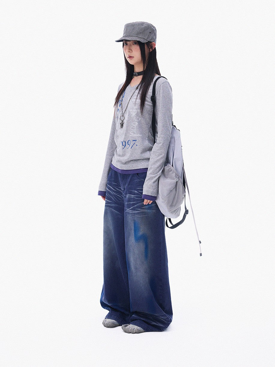 innomoood Heather Grey Distressed Print V-neck Spliced Women&