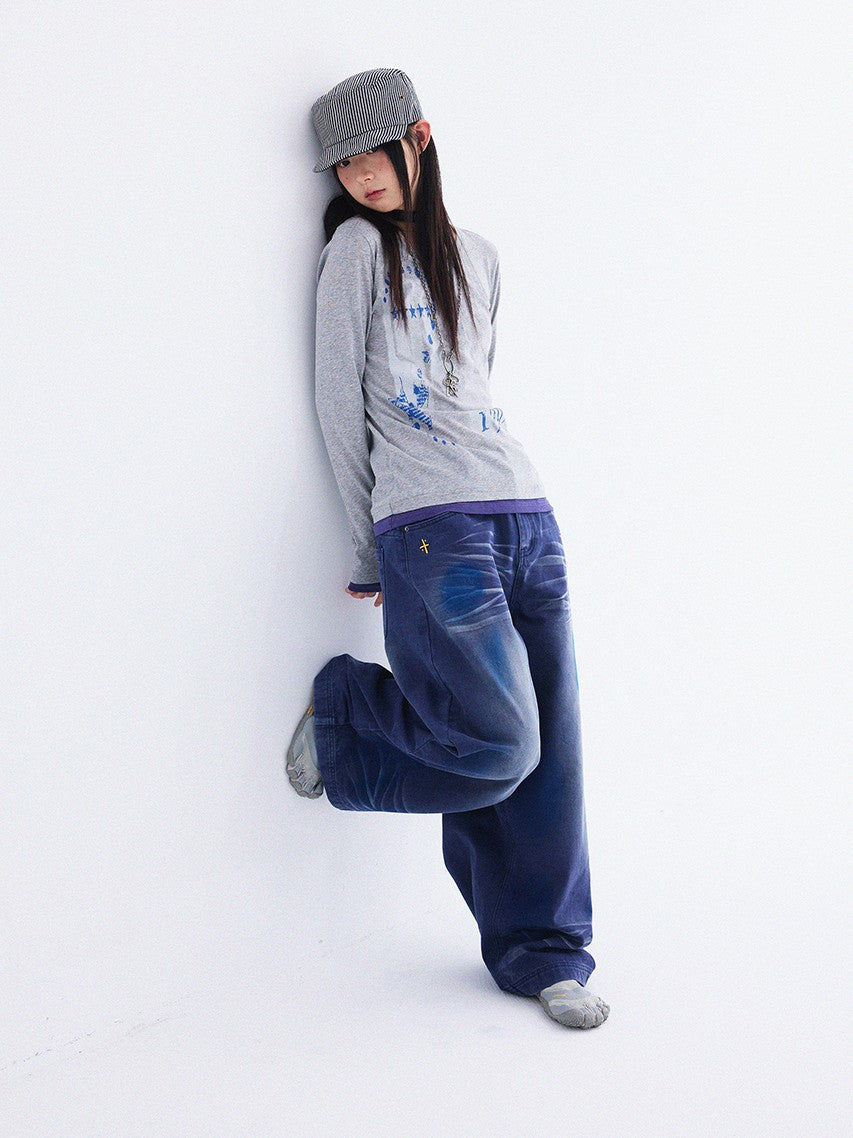innomoood Heather Grey Distressed Print V-neck Spliced Women&