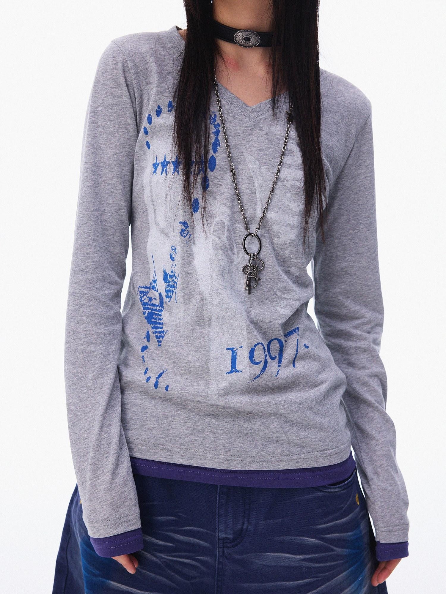 innomoood Heather Grey Distressed Print V-neck Spliced Women&