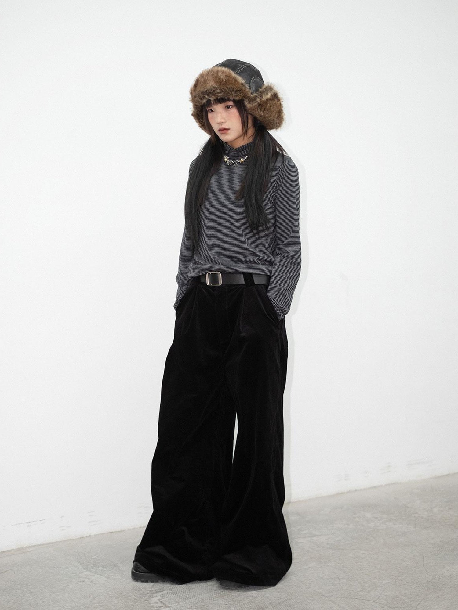 innomoood High Neck Striped Ribbed Long Sleeve Top