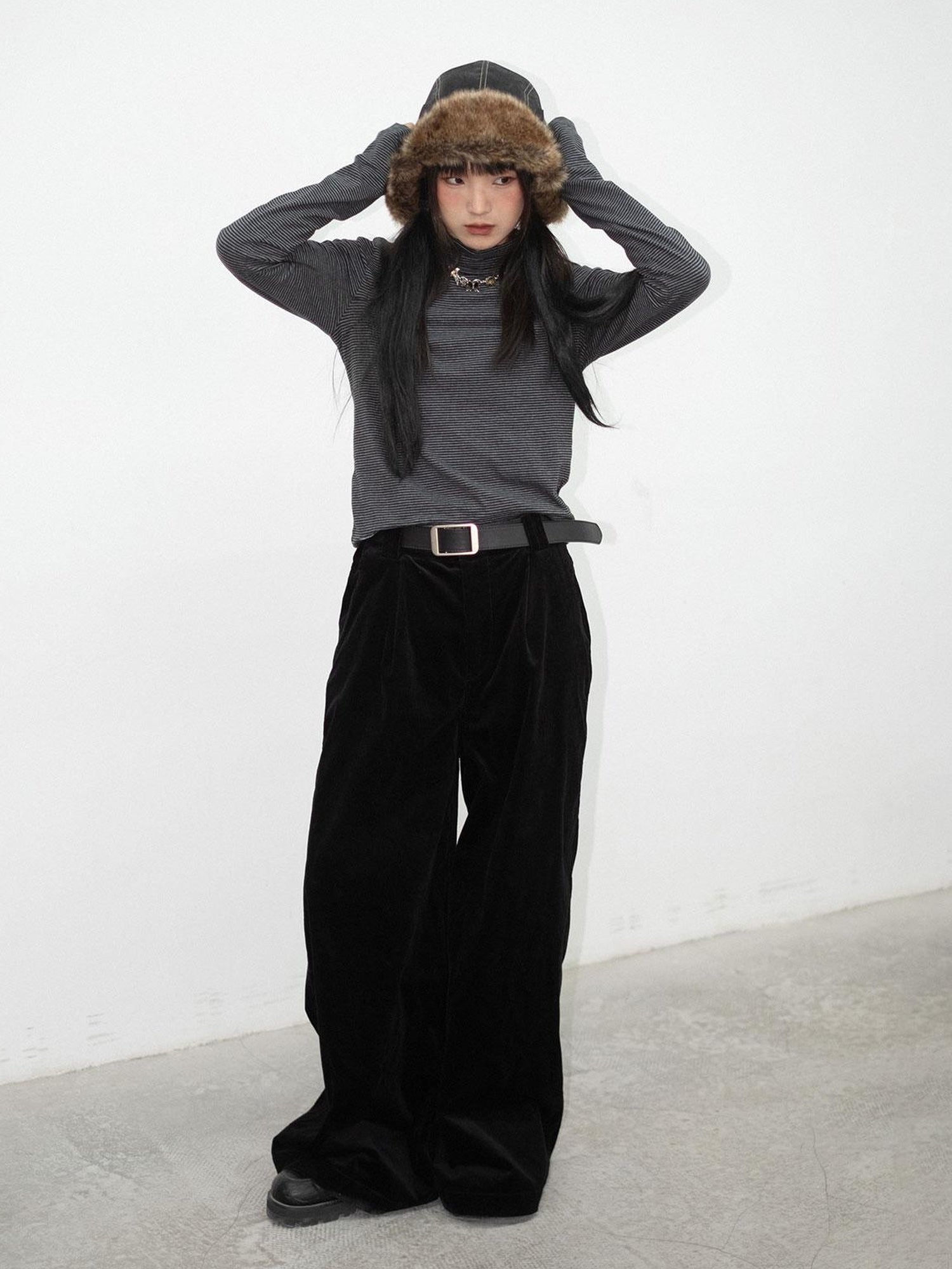 innomoood High Neck Striped Ribbed Long Sleeve Top