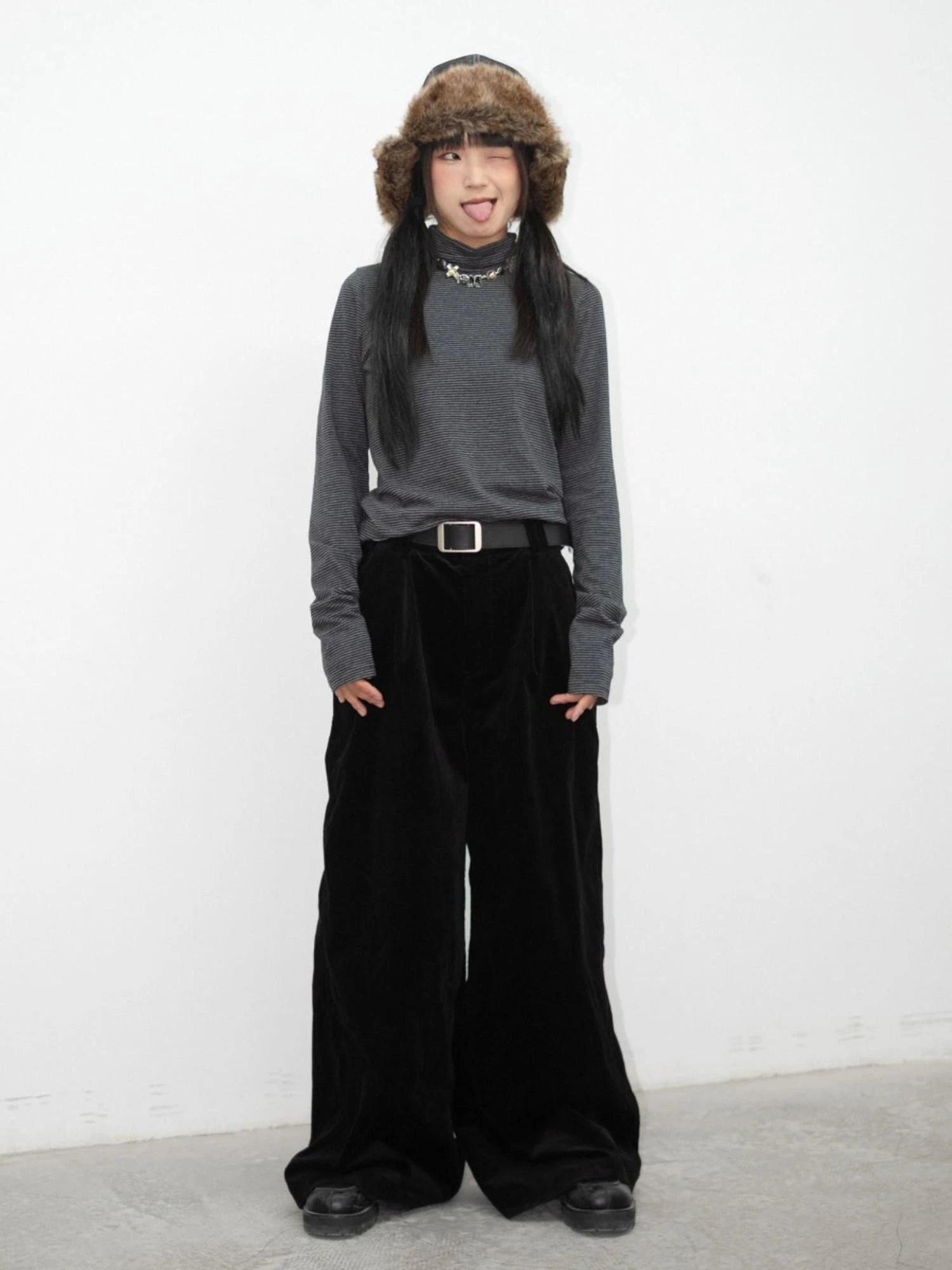 High Neck Striped Ribbed Long Sleeve Top