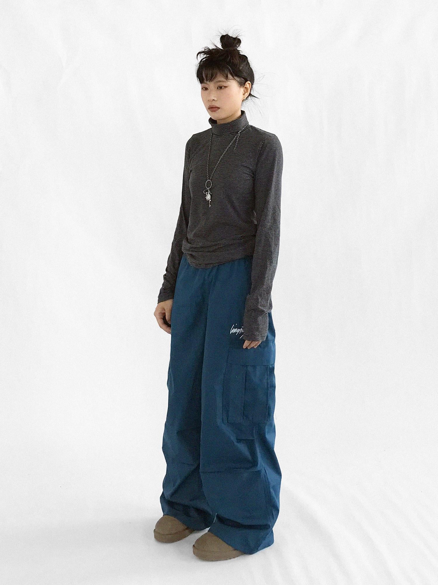 innomoood High Neck Striped Ribbed Long Sleeve Top