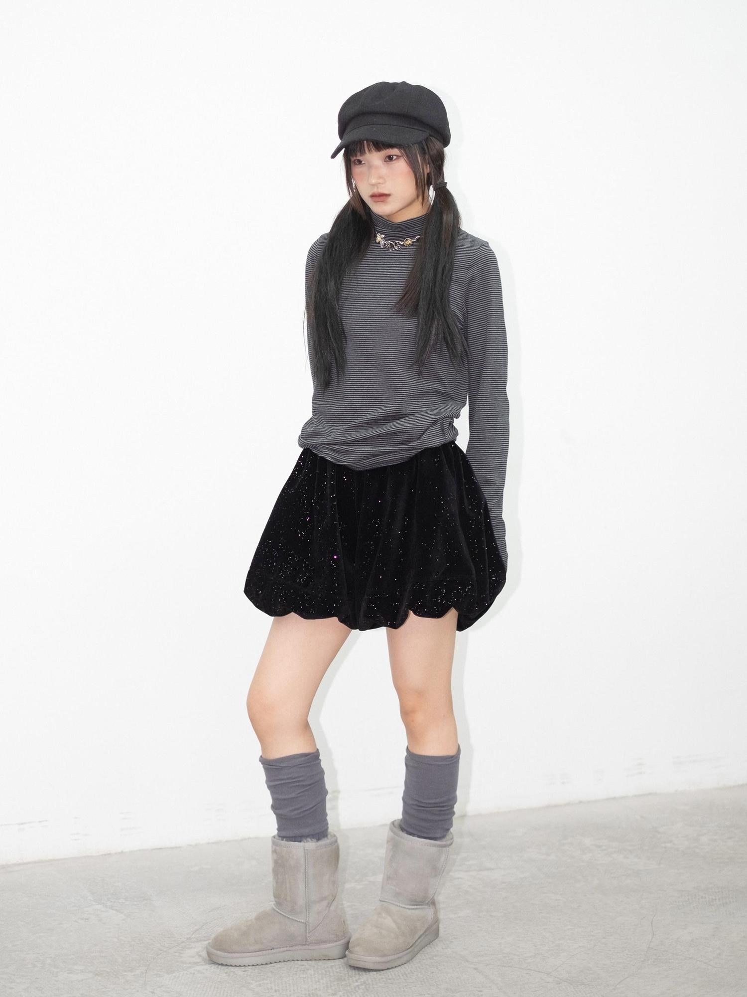 innomoood High Neck Striped Ribbed Long Sleeve Top