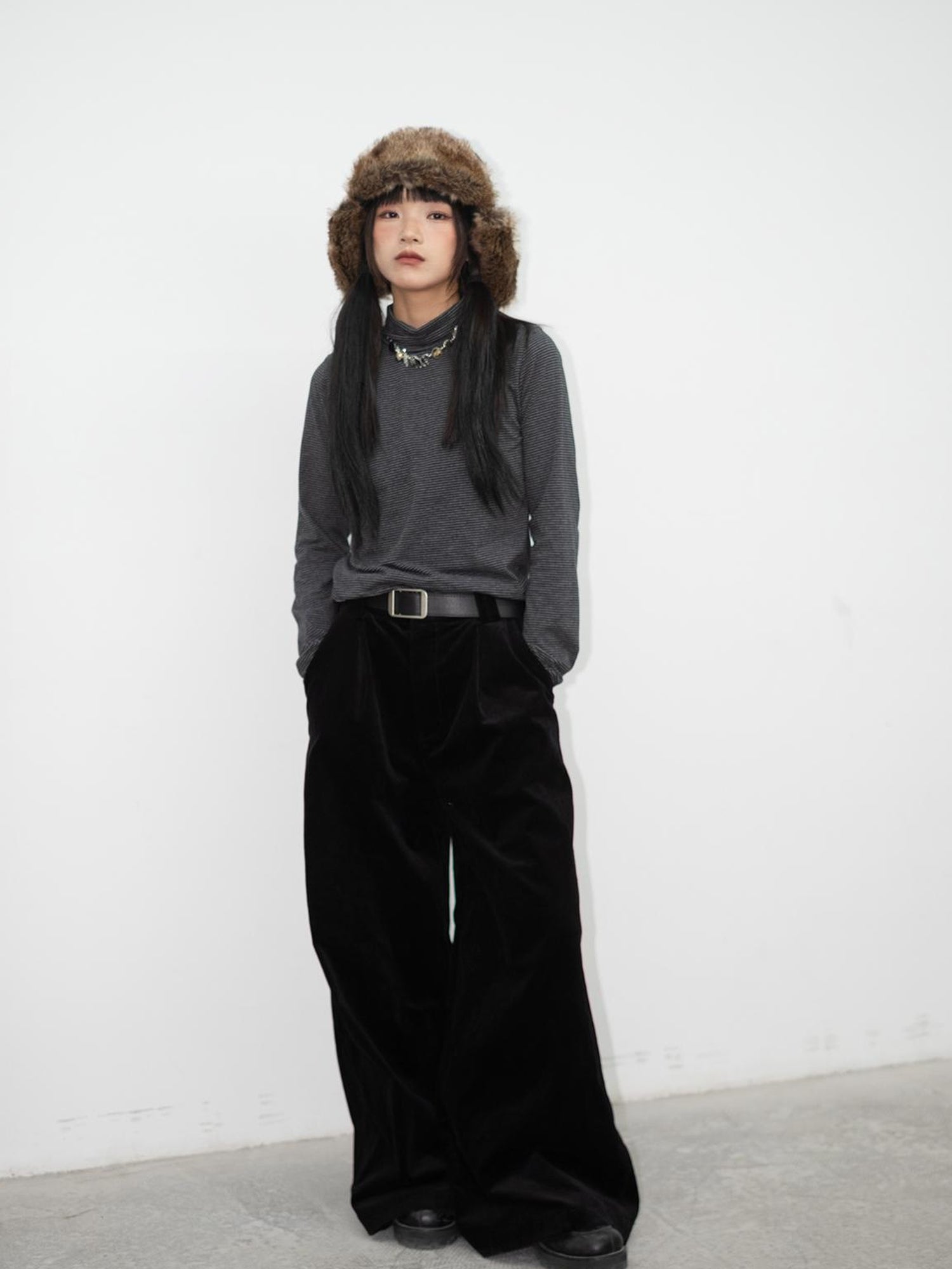 innomoood High Neck Striped Ribbed Long Sleeve Top