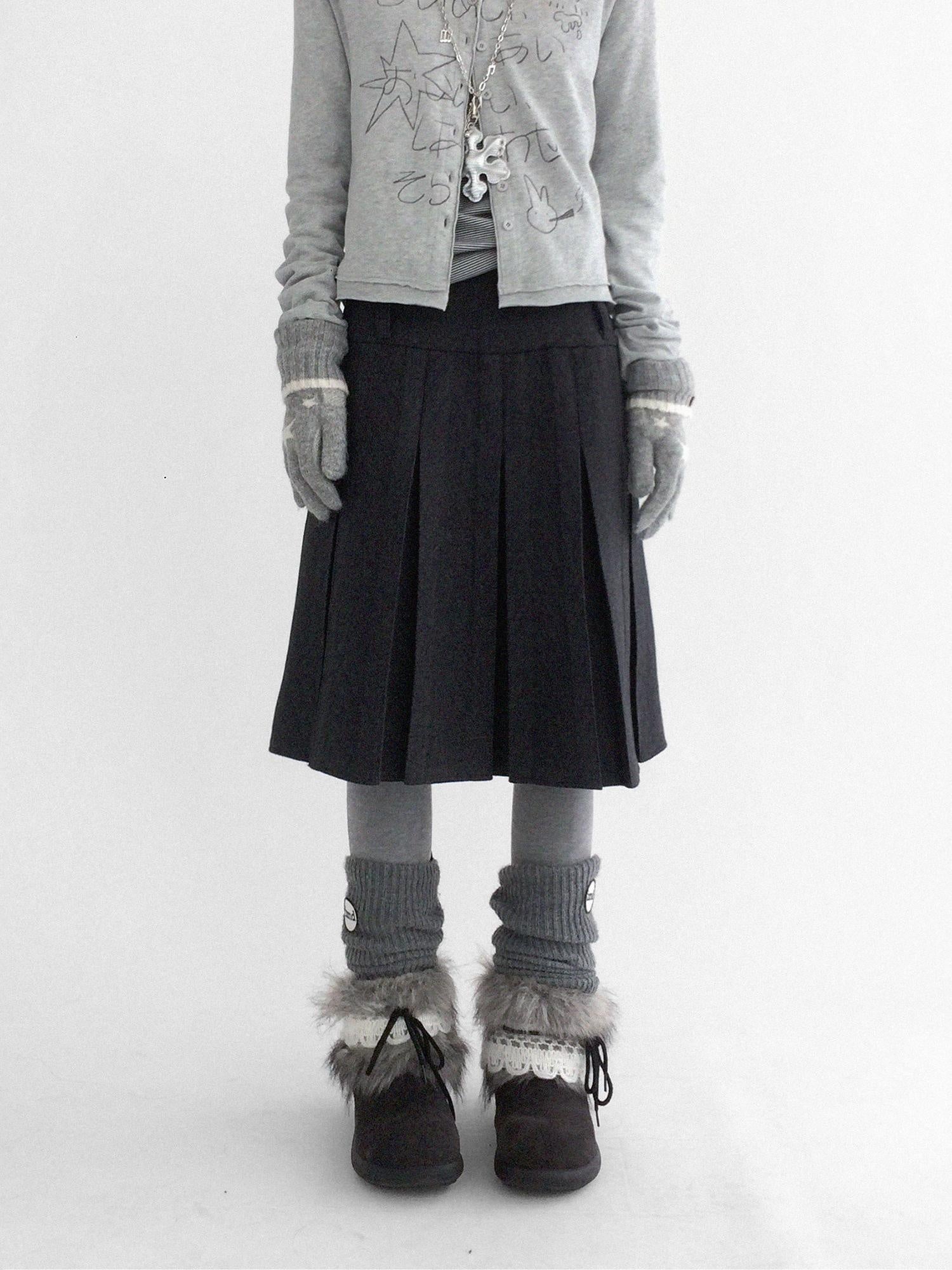 innomoood High Waist Pleated A Line Workwear Women Dark Gray Casual Midi Skirt