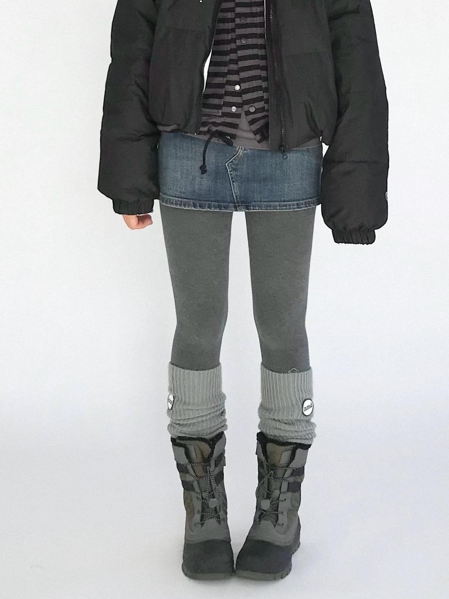 innomoood High Waisted Fleece Lined Tights Stretch Gray Seamless Winter Warm