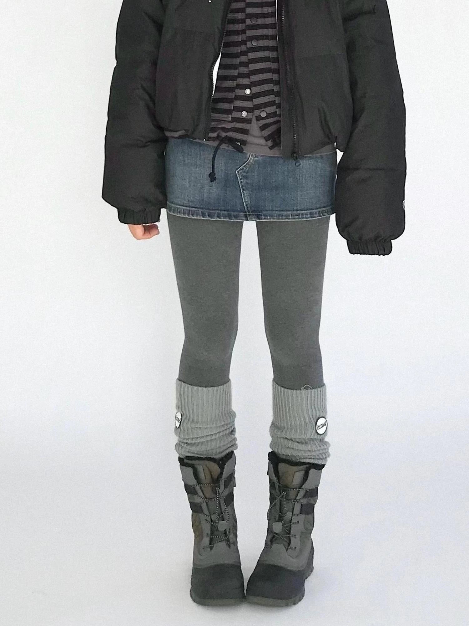 High Waisted Fleece Lined Tights Stretch Gray Seamless Winter Warm