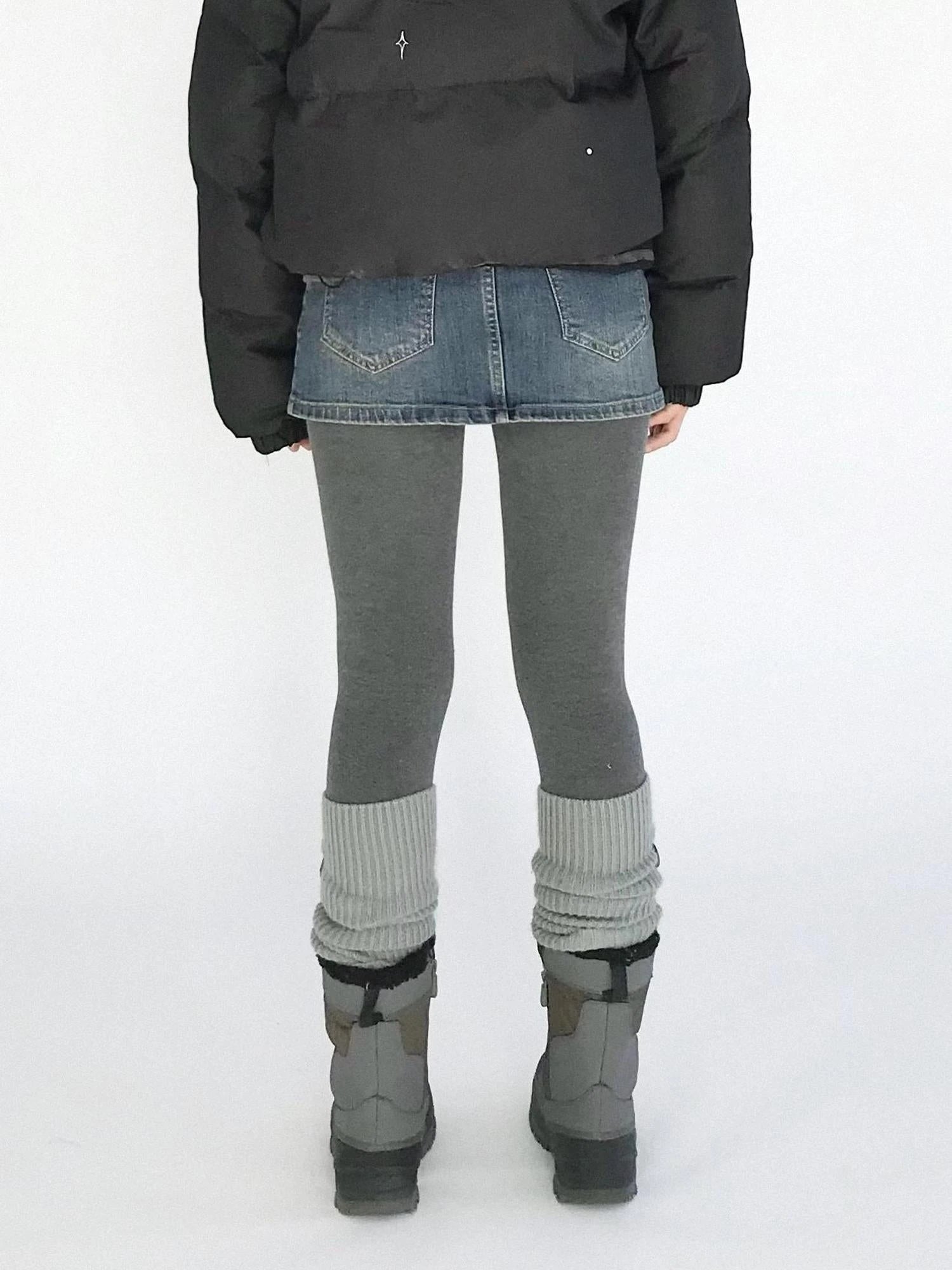 High Waisted Fleece Lined Tights Stretch Gray Seamless Winter Warm