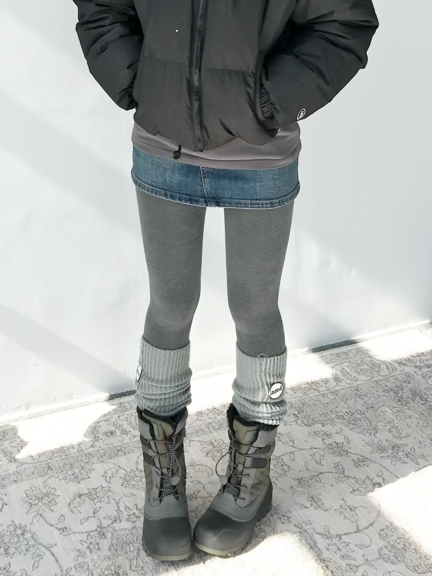 innomoood High Waisted Fleece Lined Tights Stretch Gray Seamless Winter Warm