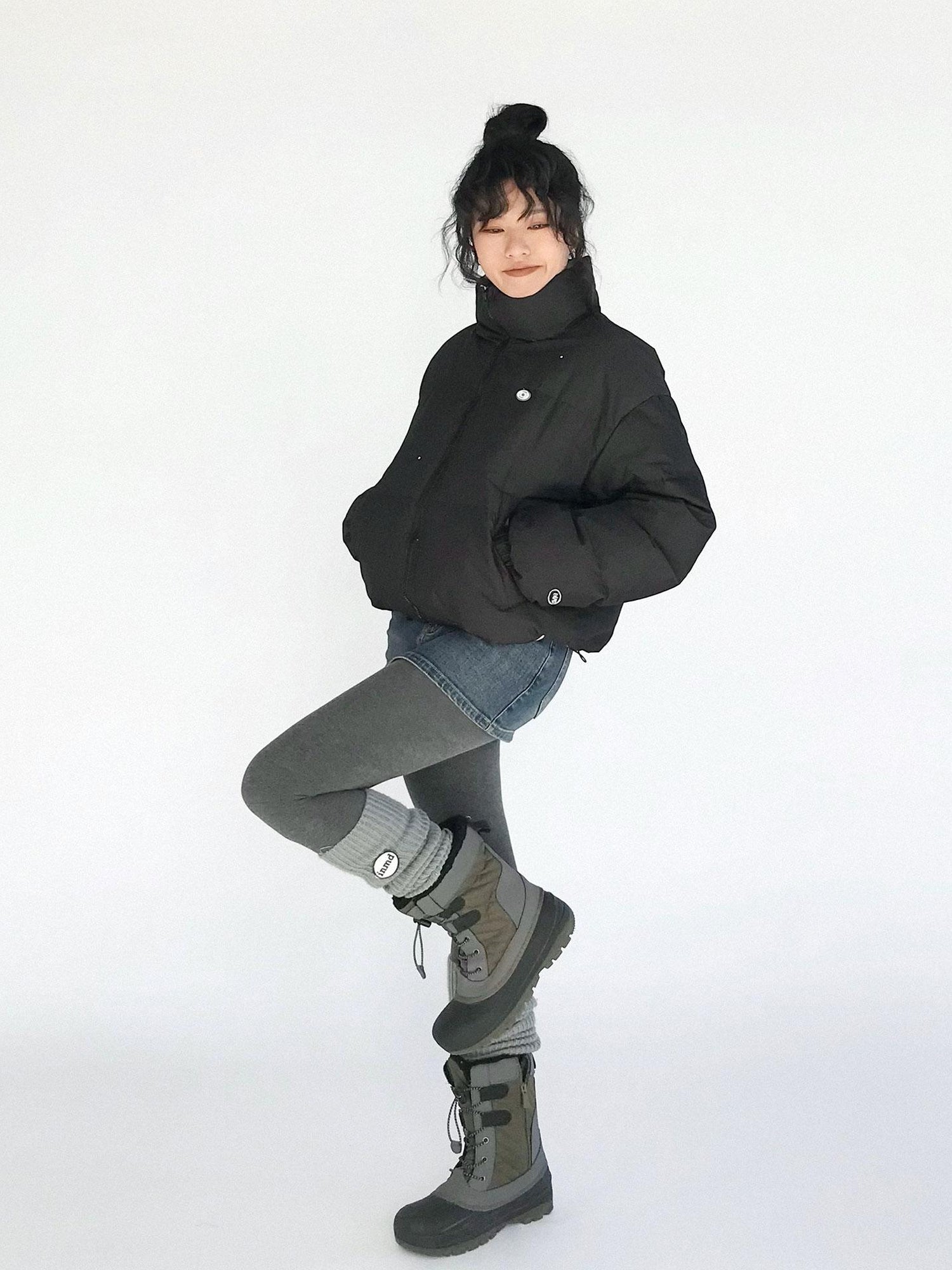 innomoood High Waisted Fleece Lined Tights Stretch Gray Seamless Winter Warm