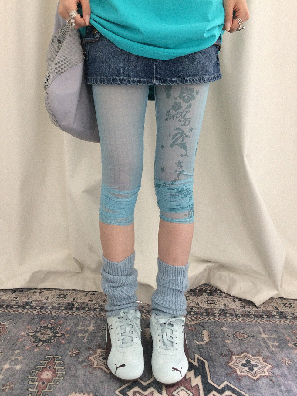 innomoood Island Green Dolphin Hibiscus Plaid Mesh Print Stretch Women&