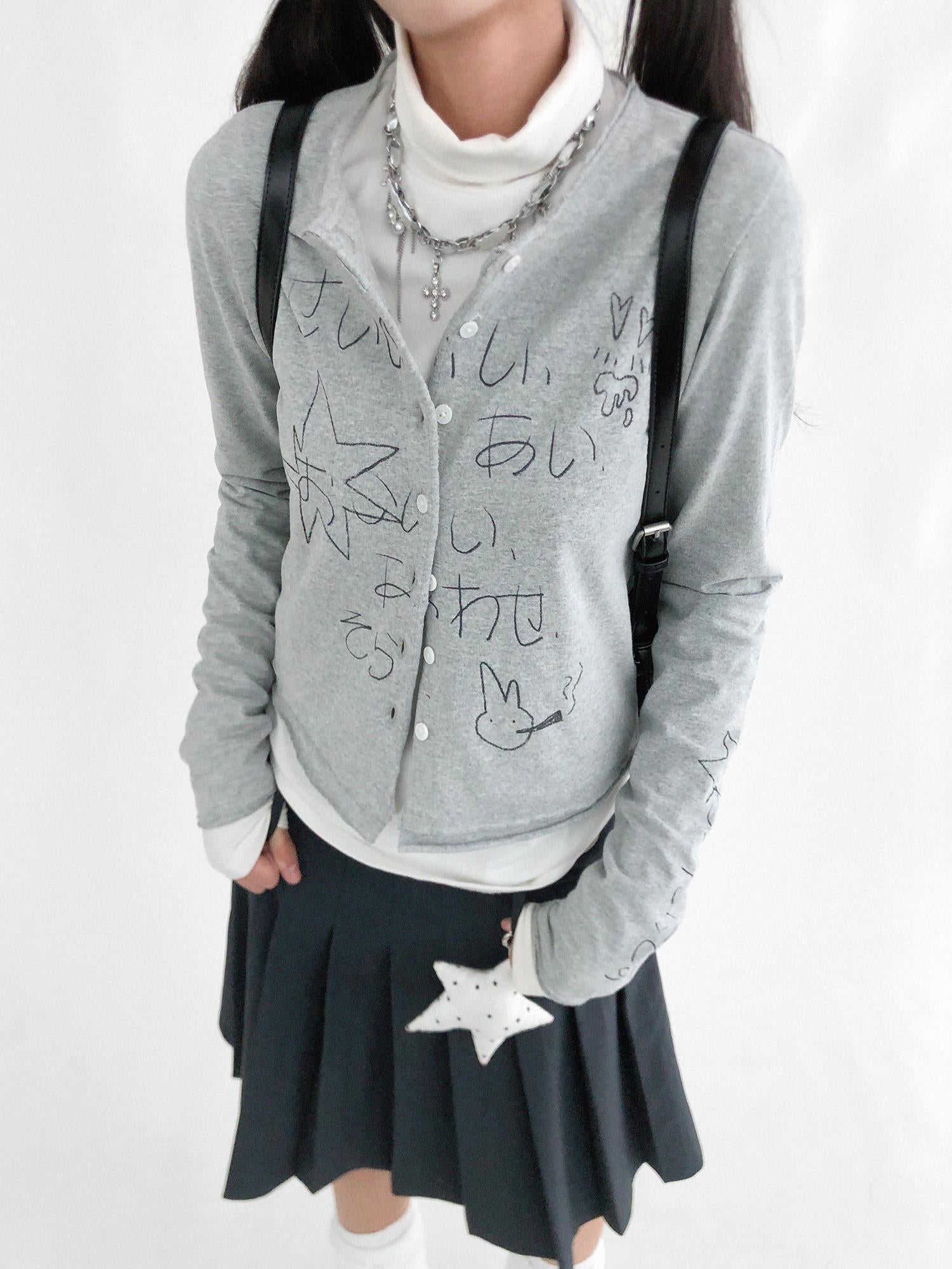 innomoood Japanese Manga Sketch Feel Open Front T-shirt Long Sleeve Short Coat Thin Inner Layer