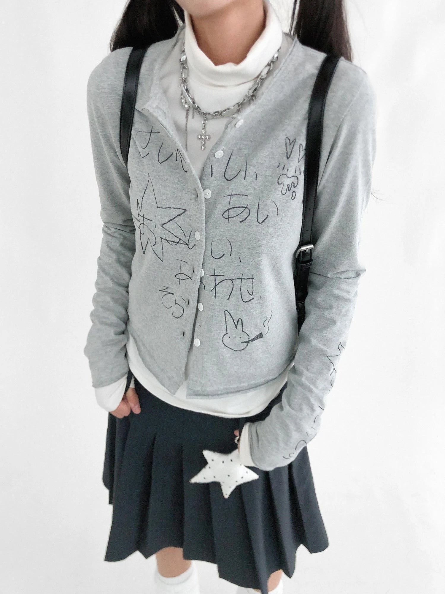 Japanese Manga Sketch Feel Open Front T-shirt Long Sleeve Short Coat Thin Inner Layer
