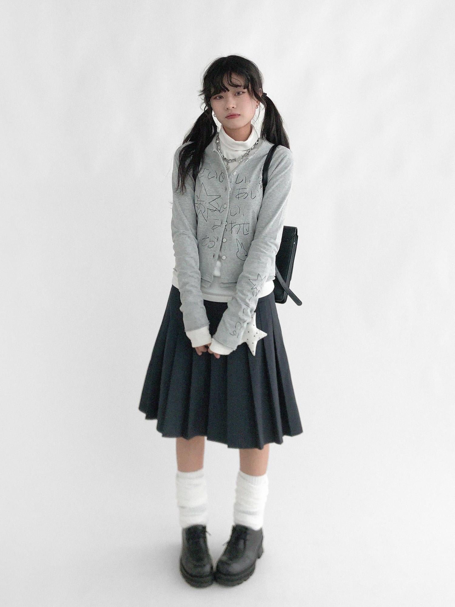 innomoood Japanese Manga Sketch Feel Open Front T-shirt Long Sleeve Short Coat Thin Inner Layer