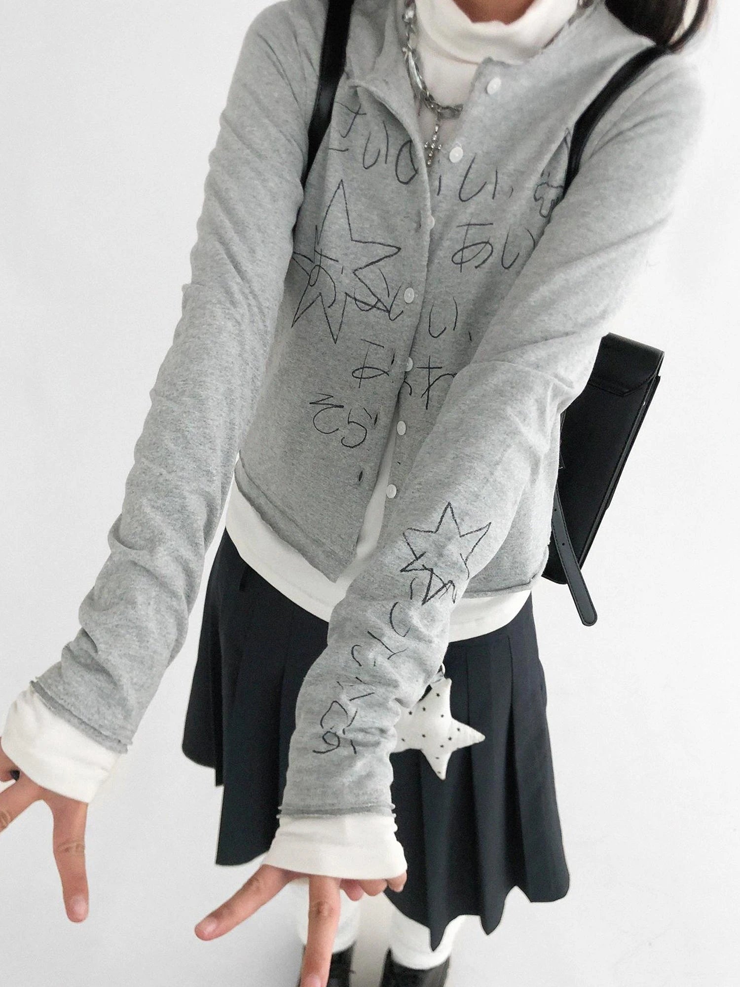 Japanese Manga Sketch Feel Open Front T-shirt Long Sleeve Short Coat Thin Inner Layer