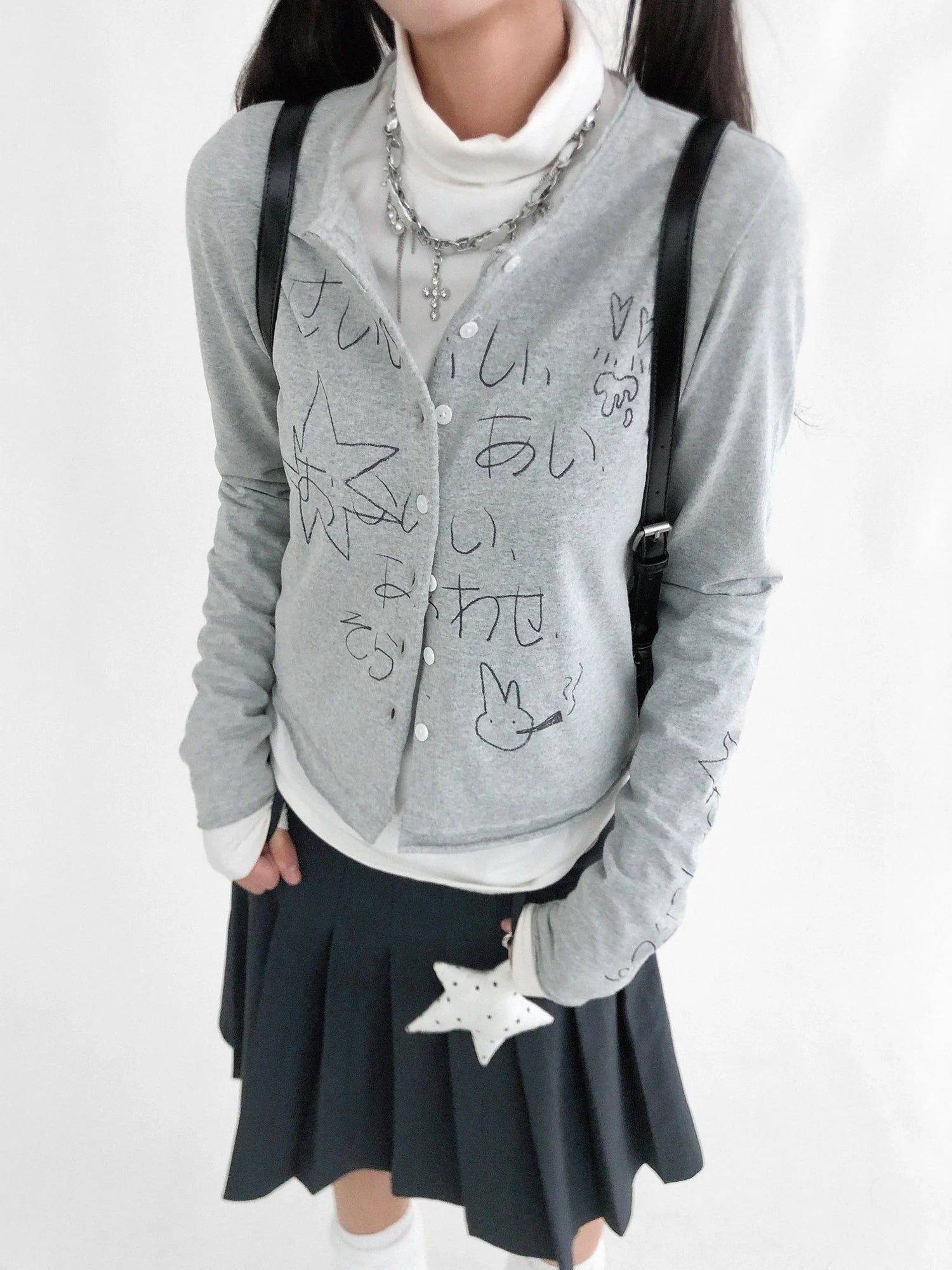 Japanese Manga Sketch Feel Open Front T-shirt Long Sleeve Short Coat Thin Inner Layer