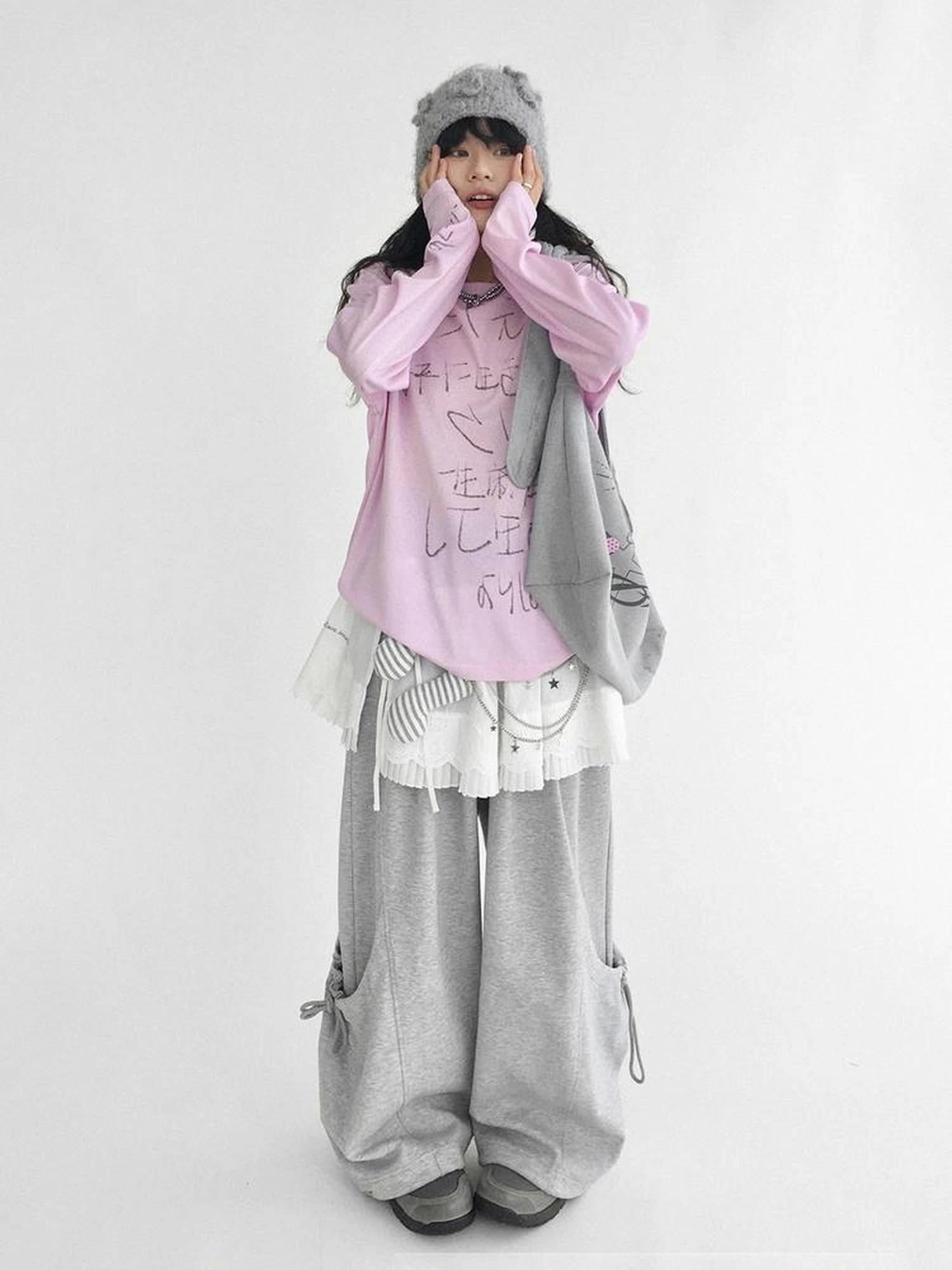 Japanese Script Handwritten Print Long Sleeve T-shirt Sheer Sun Protection Cover Up Top V-neck