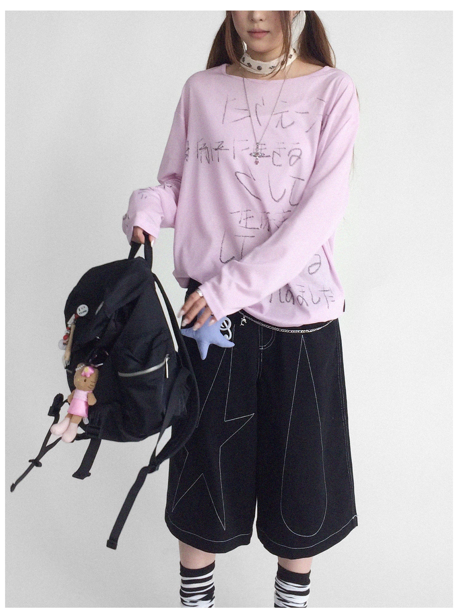 innomoood Japanese Script Handwritten Print Long Sleeve T-shirt Sheer Sun Protection Cover Up Top V-neck