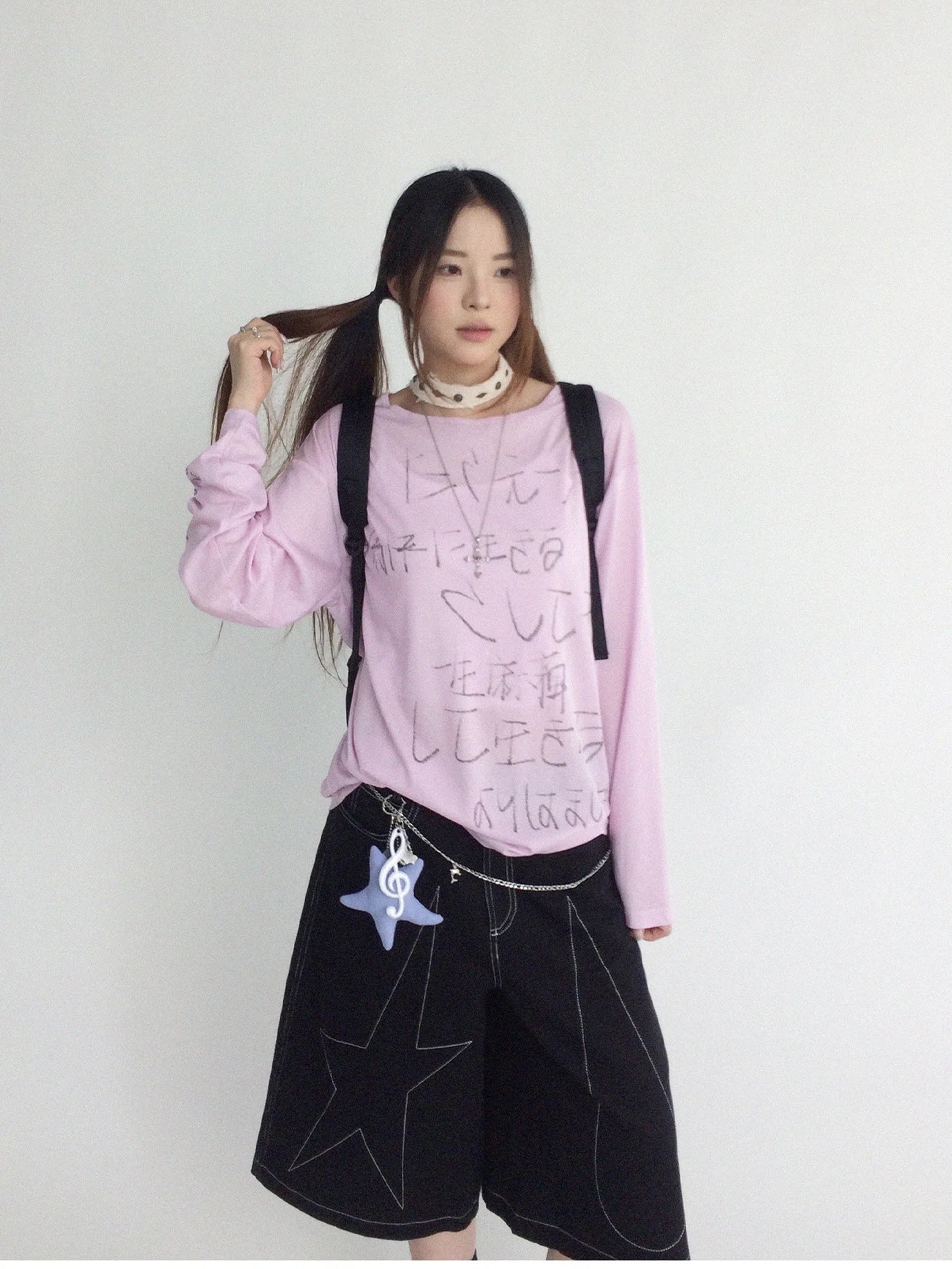 Japanese Script Handwritten Print Long Sleeve T-shirt Sheer Sun Protection Cover Up Top V-neck