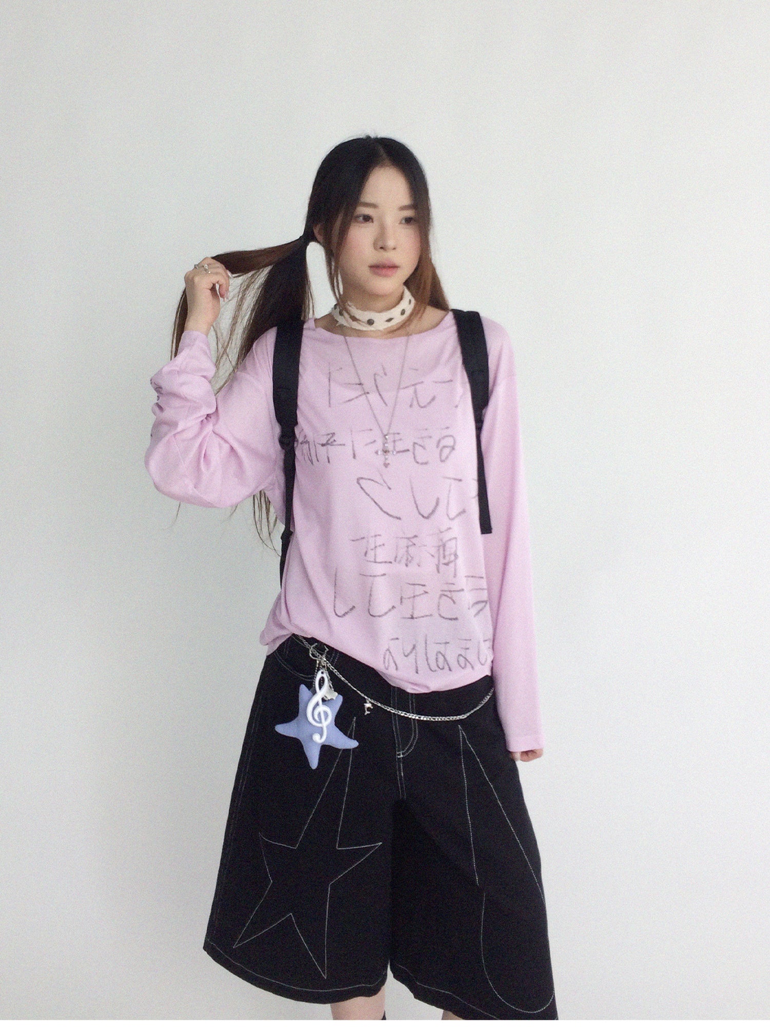 innomoood Japanese Script Handwritten Print Long Sleeve T-shirt Sheer Sun Protection Cover Up Top V-neck