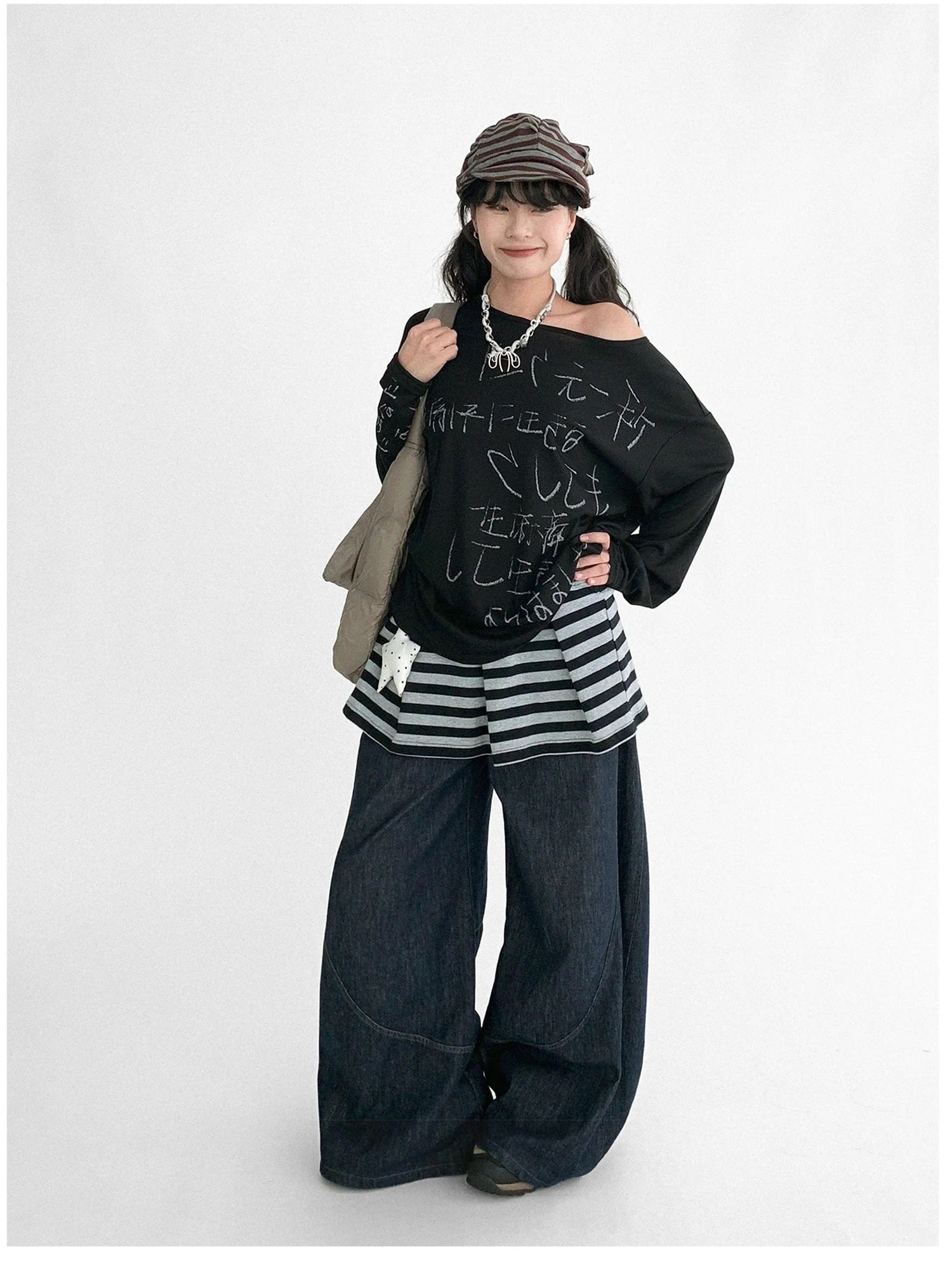 Japanese Script Handwritten Print Long Sleeve T-shirt Sheer Sun Protection Cover Up Top V-neck