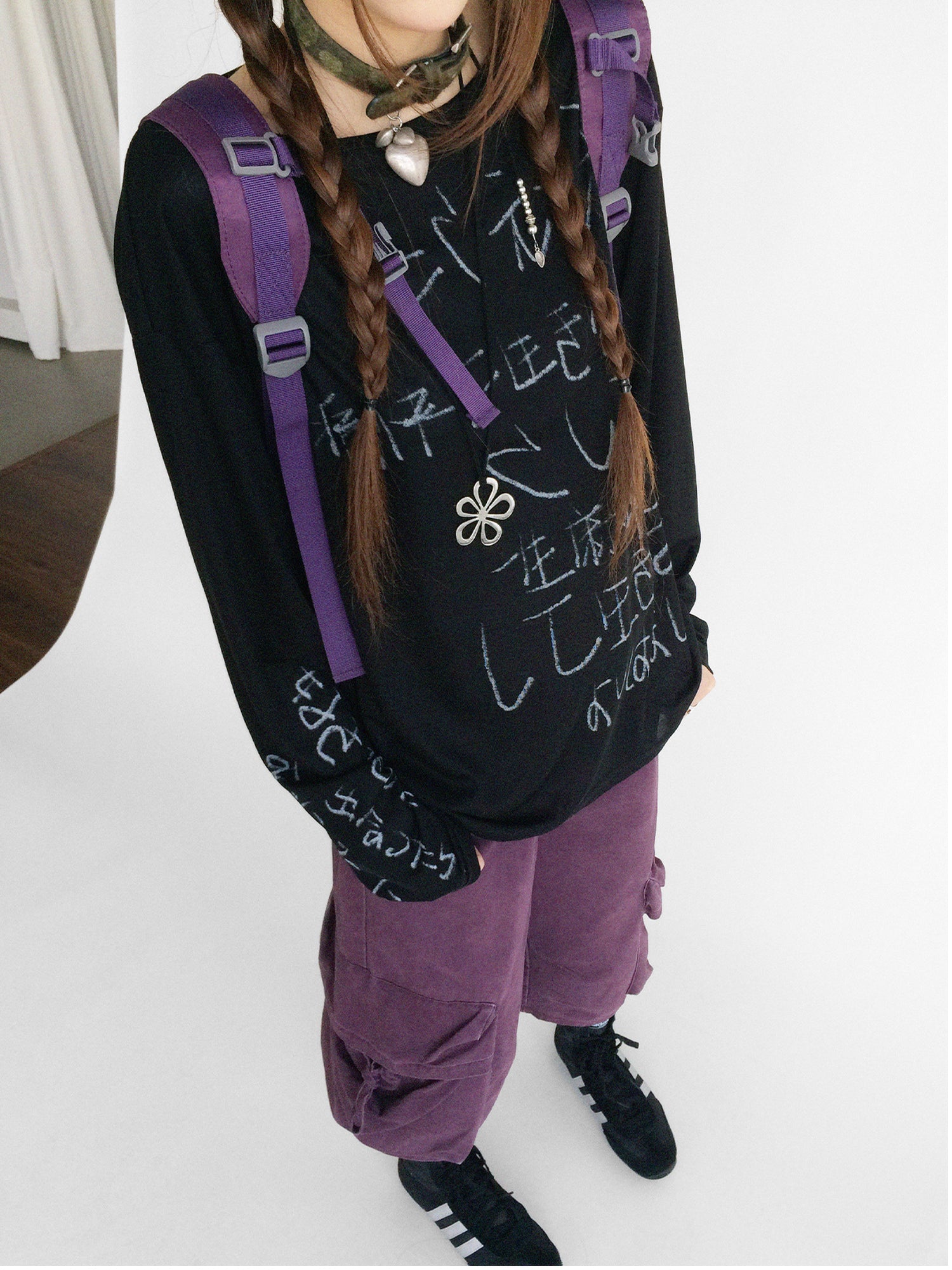 innomoood Japanese Script Handwritten Print Long Sleeve T-shirt Sheer Sun Protection Cover Up Top V-neck