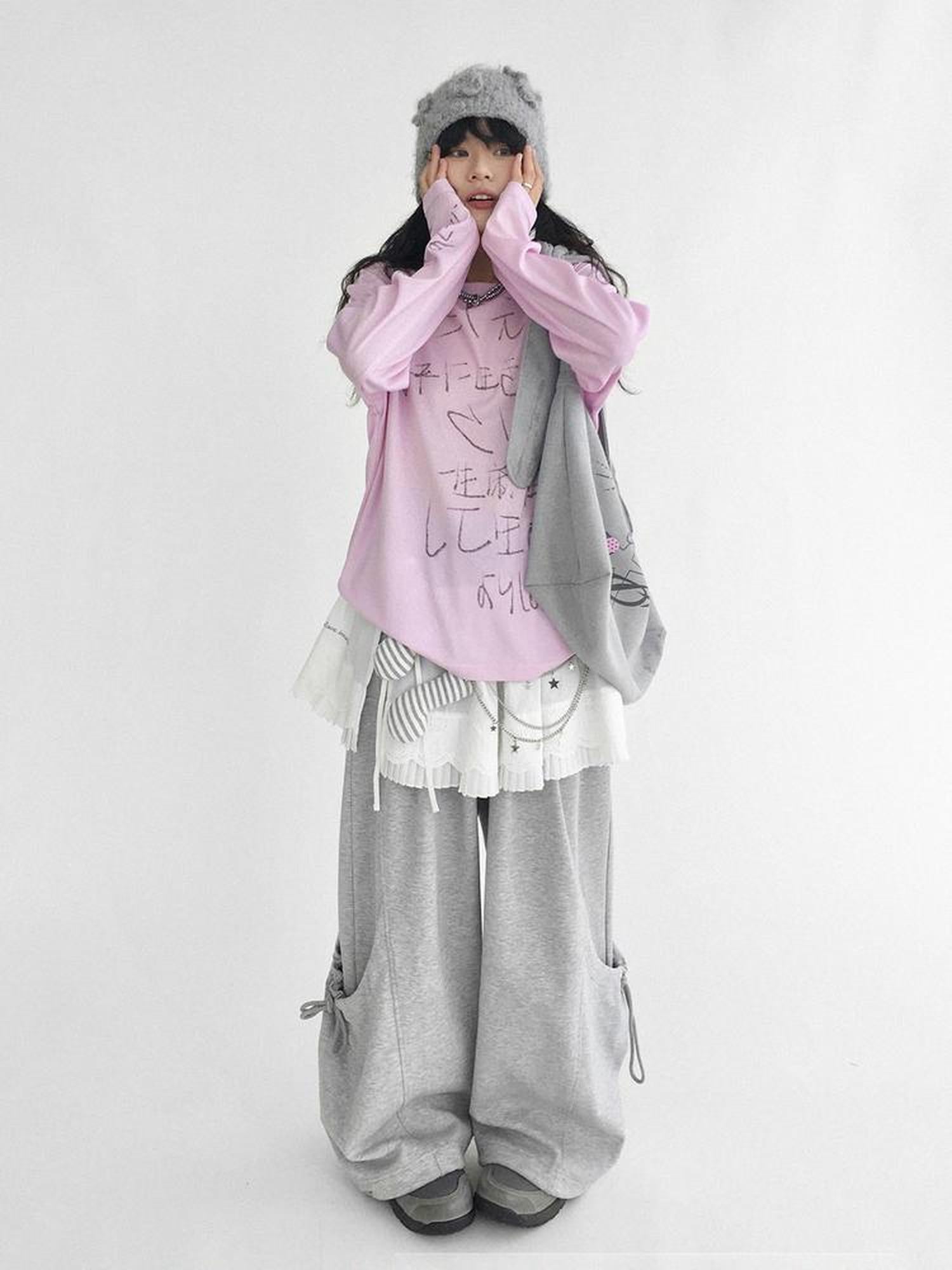 innomoood Japanese Script Handwritten Print Long Sleeve T-shirt Sheer Sun Protection Cover Up Top V-neck