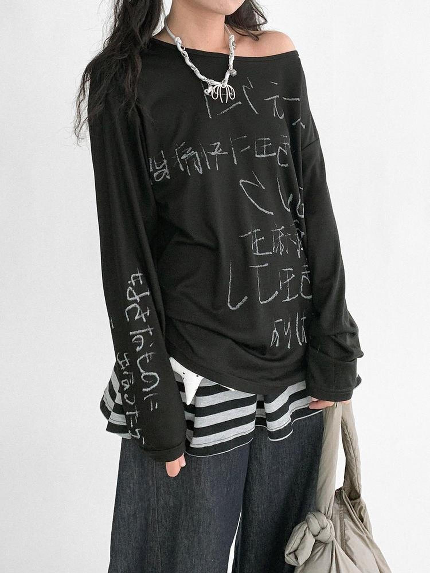 innomoood Japanese Script Handwritten Print Long Sleeve T-shirt Sheer Sun Protection Cover Up Top V-neck