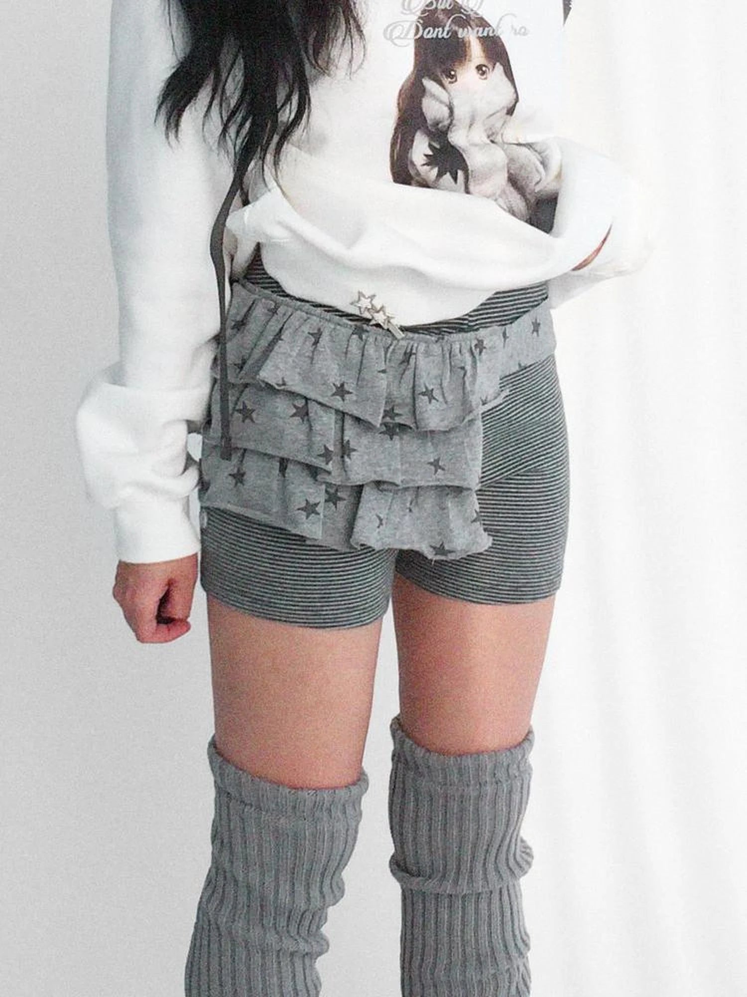 Layered Star Print Knit Skirt With Detachable Waist Pack