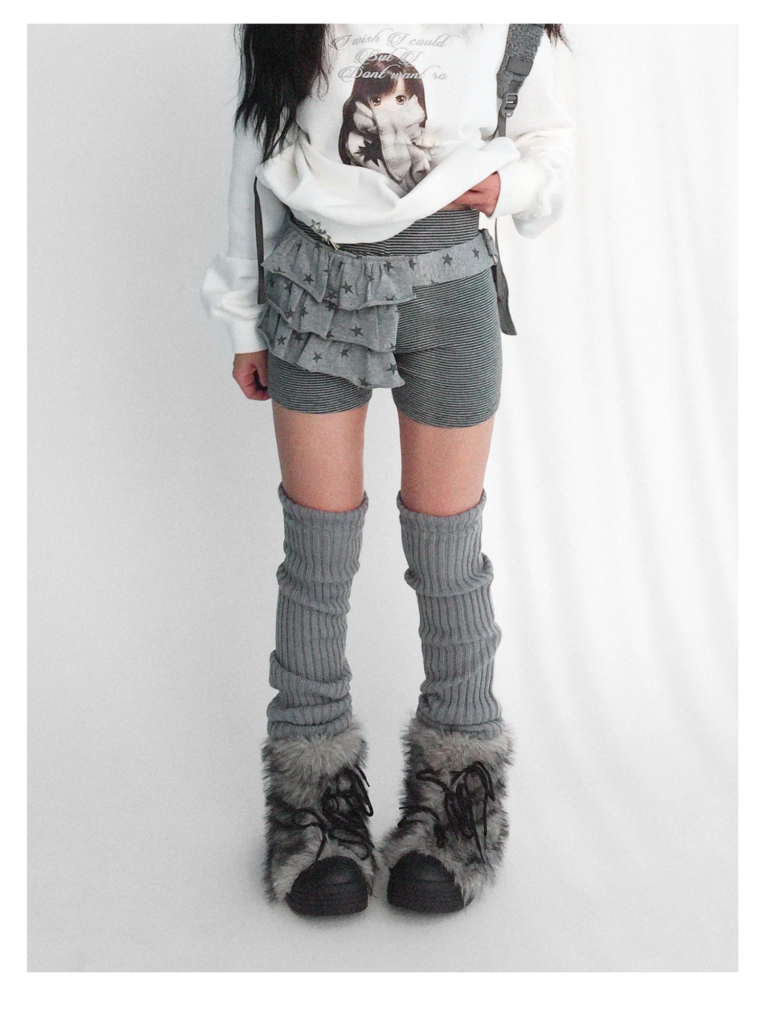 Layered Star Print Knit Skirt With Detachable Waist Pack