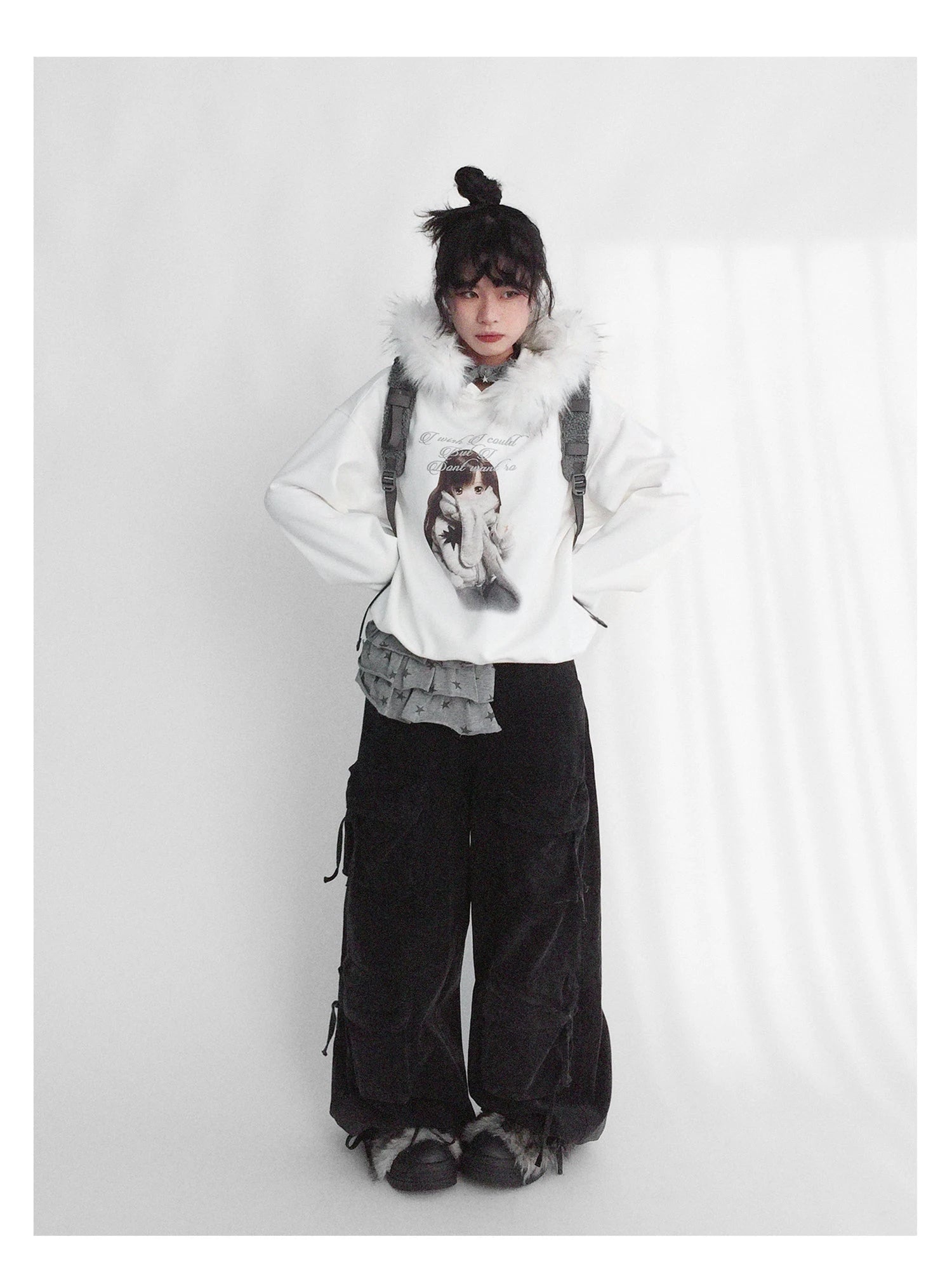 Layered Star Print Knit Skirt With Detachable Waist Pack