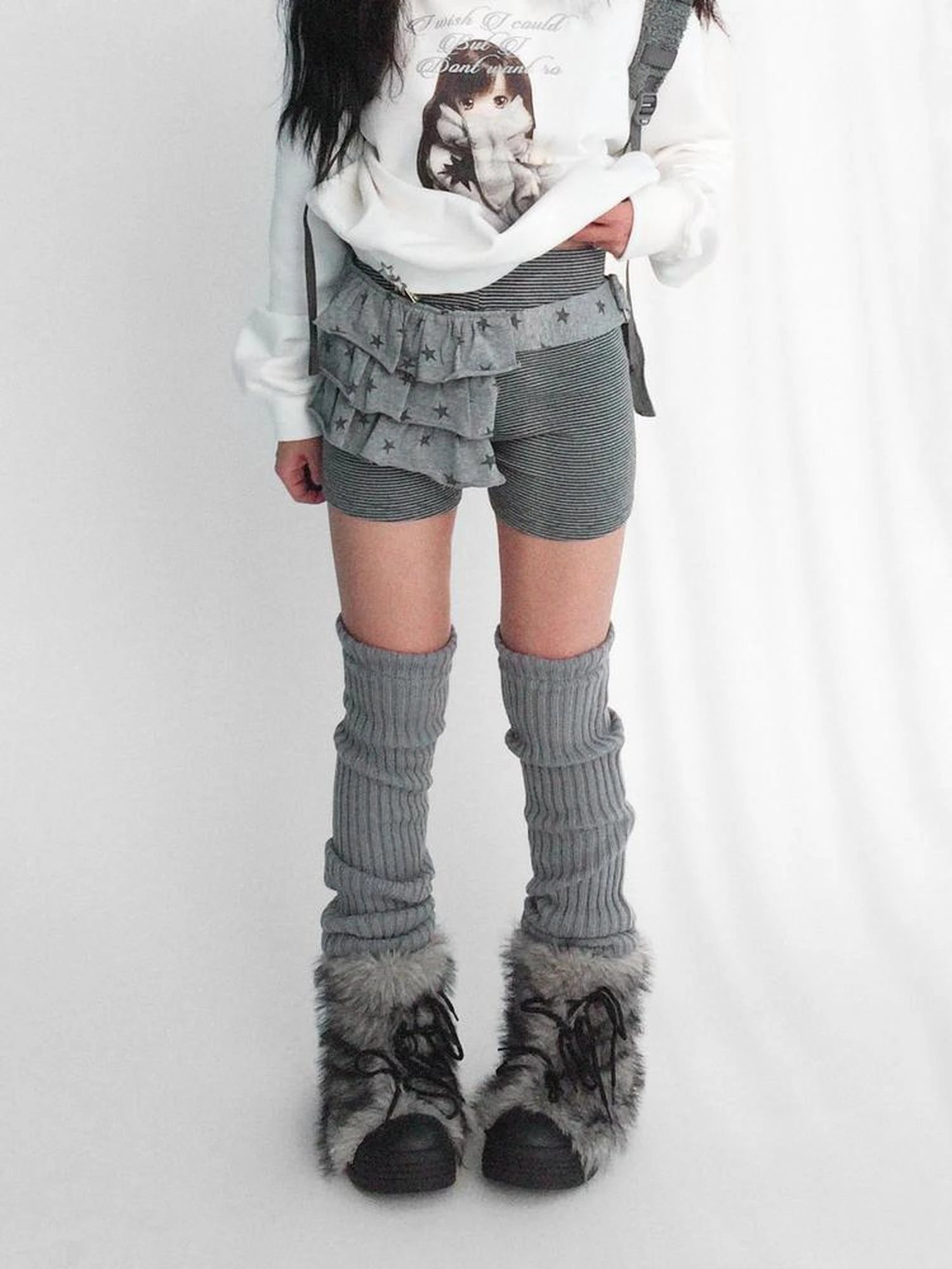 Layered Star Print Knit Skirt With Detachable Waist Pack