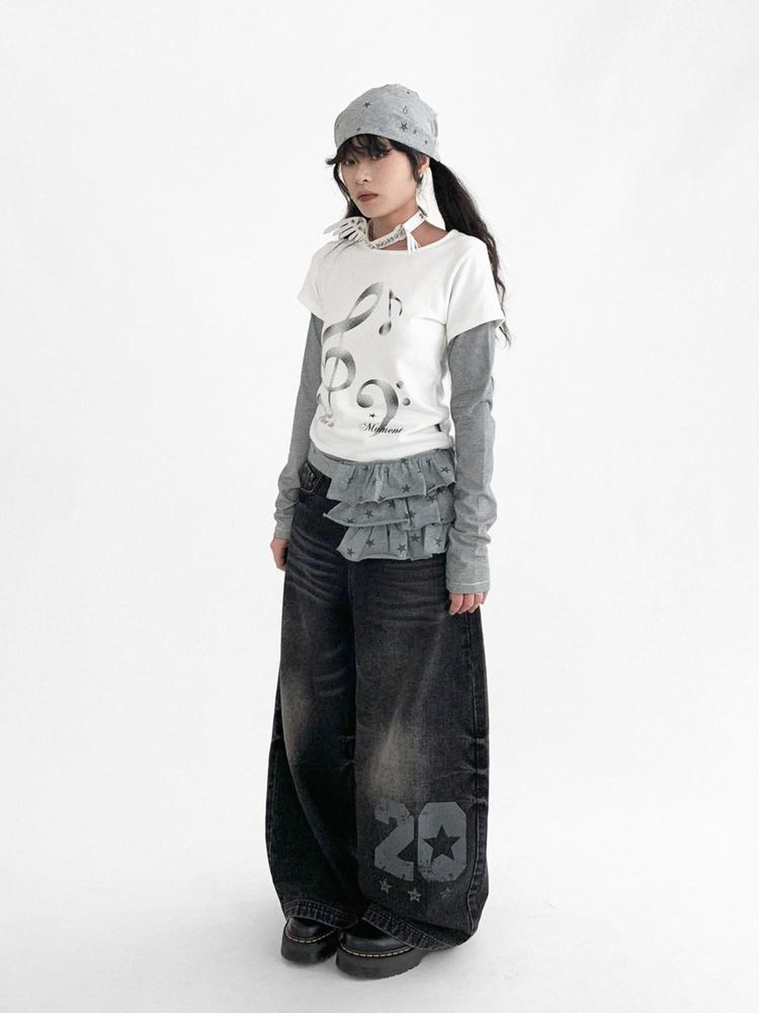 innomoood Layered Star Print Knit Skirt With Detachable Waist Pack