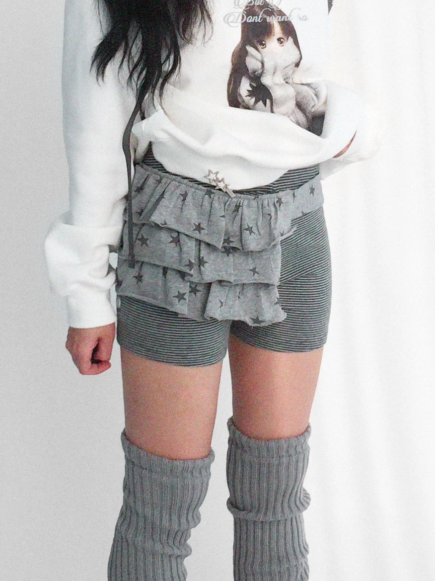 Layered Star Print Knit Skirt With Detachable Waist Pack