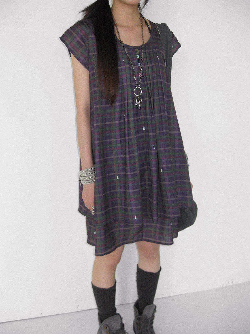 innomoood Lilac Plaid Double Layer A Line Flutter Sleeve Women&