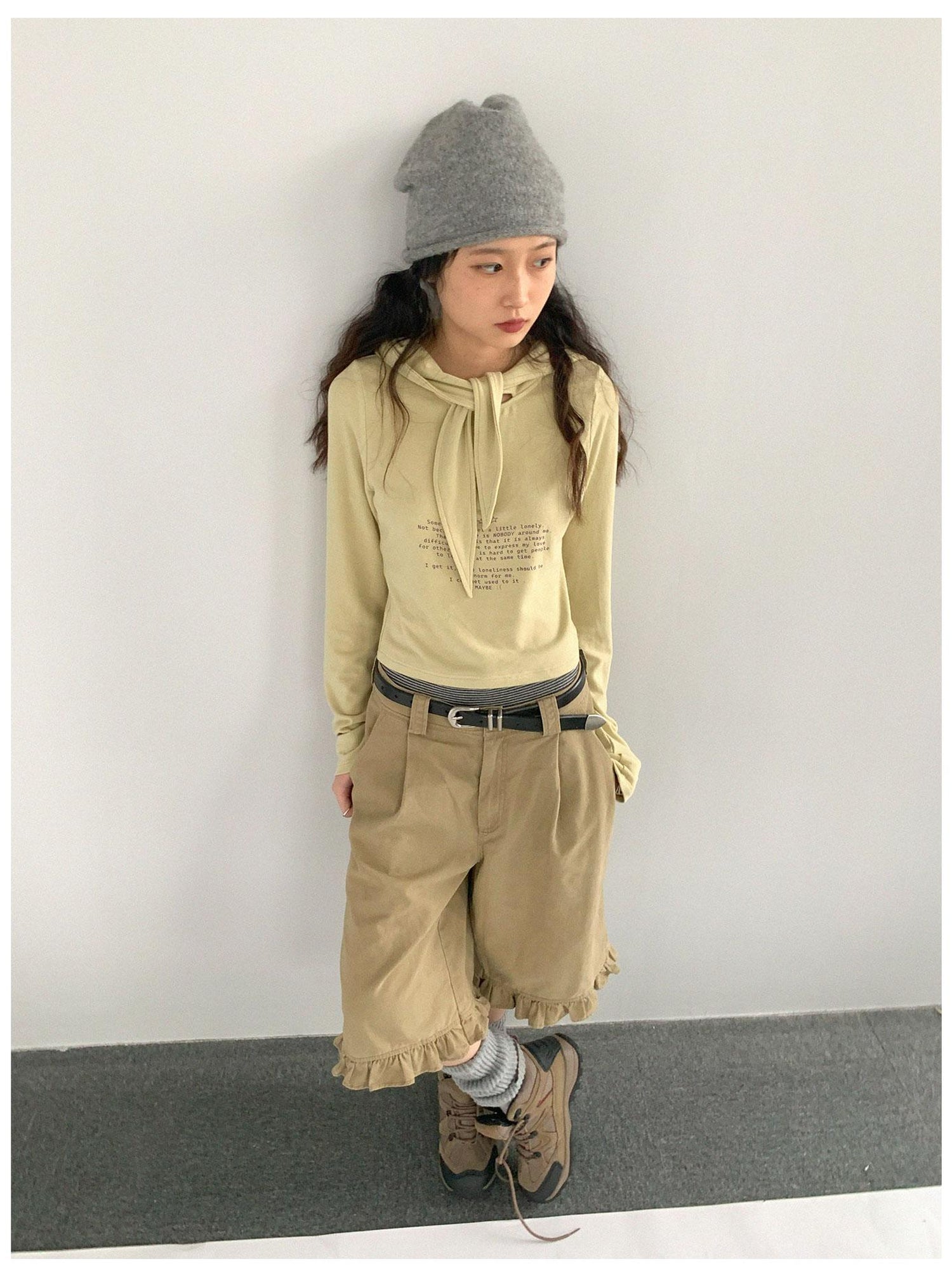 innomoood Lonely Letter Print Hooded Long Sleeve T-shirt
